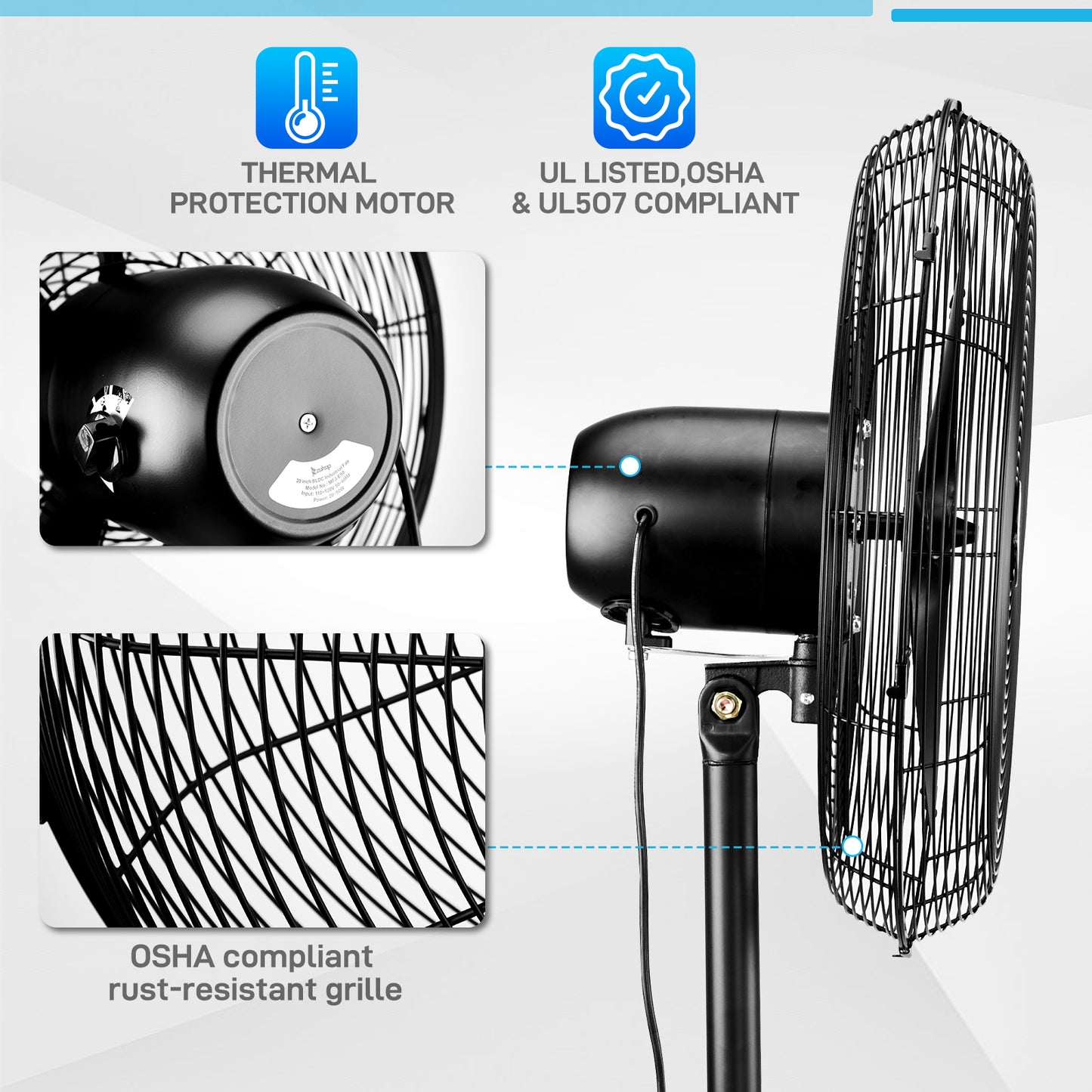 20 Inch Oscillating Pedestal Floor Fan with Copper Motor, 4-Speed Adjustable Height