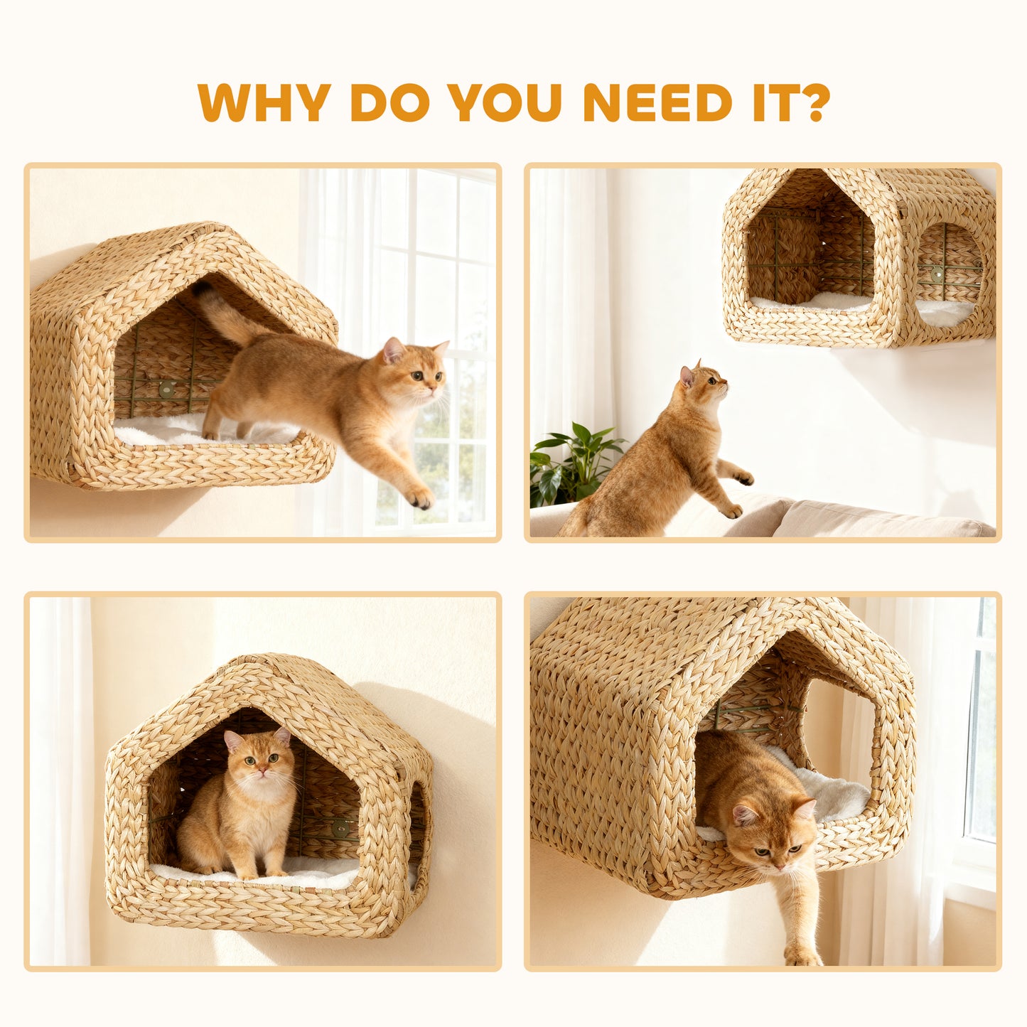 Wall Mounted Cat House with Washable Cushion - Natural Wood Cat Wall Shelf