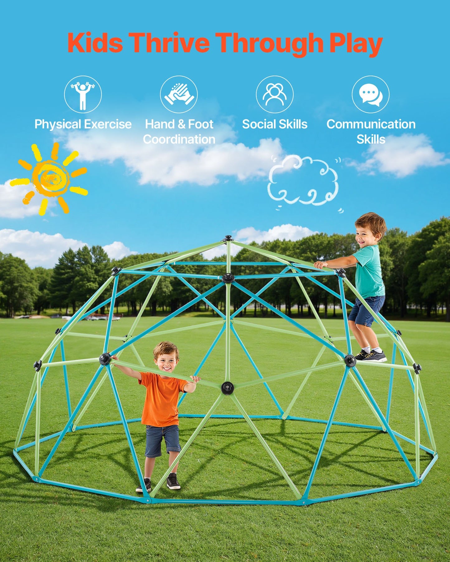 10FT Kids Climbing Dome Playset with Jungle Gym, Basketballs & Octopus Net
