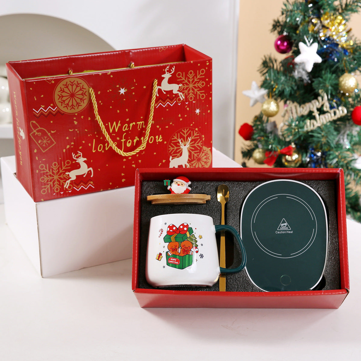 Christmas Gift Mug Set with USB Heating Coaster - Holiday Ceramic Cup