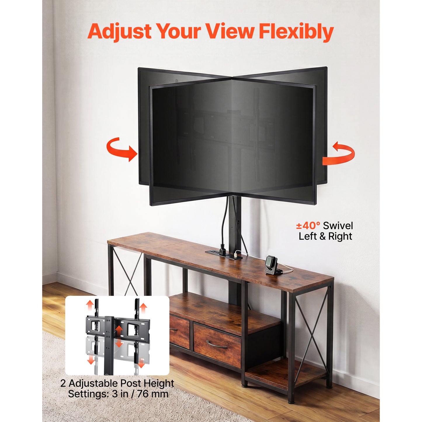 TV Stand with Mount and Power Outlet - 47.2 Inch Rustic Brown Entertainment Console with Storage Drawers and LED Lights for 32-75 Inch TVs