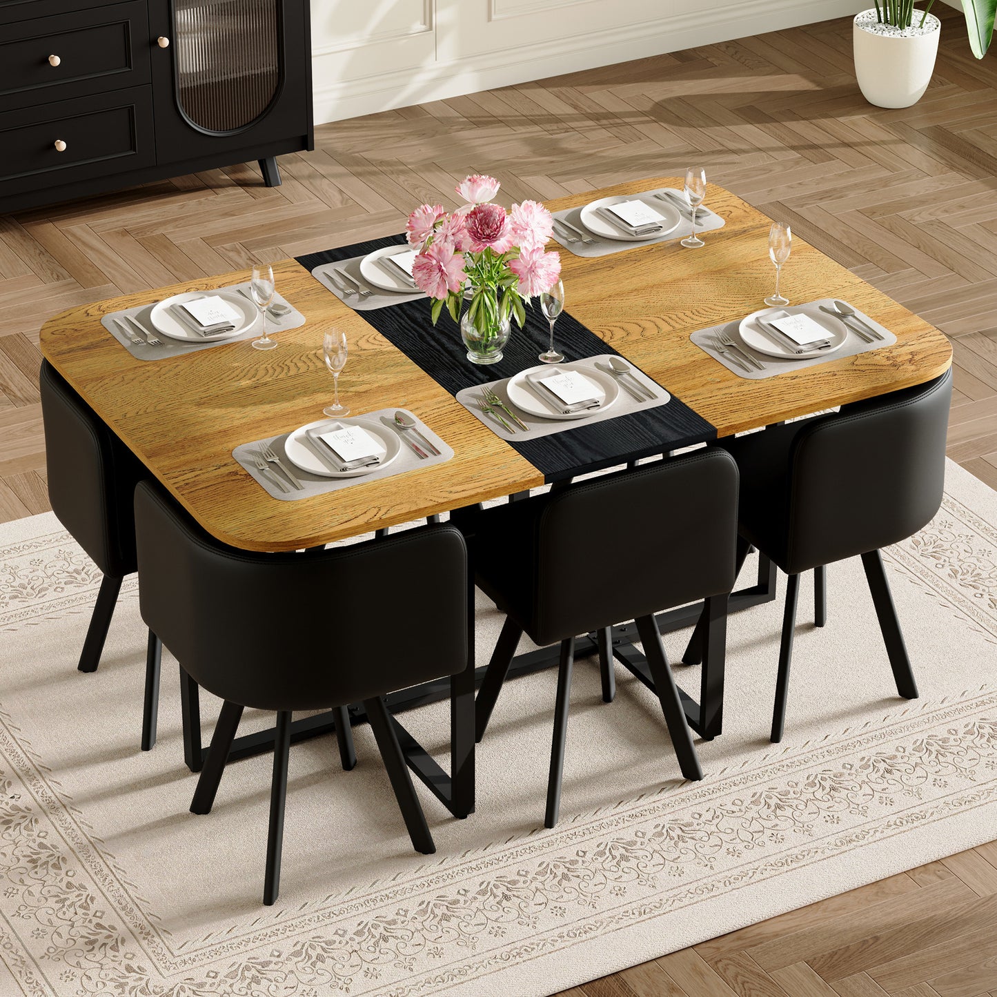 7-Piece Rectangular Dining Table Set with 6 Black Chairs