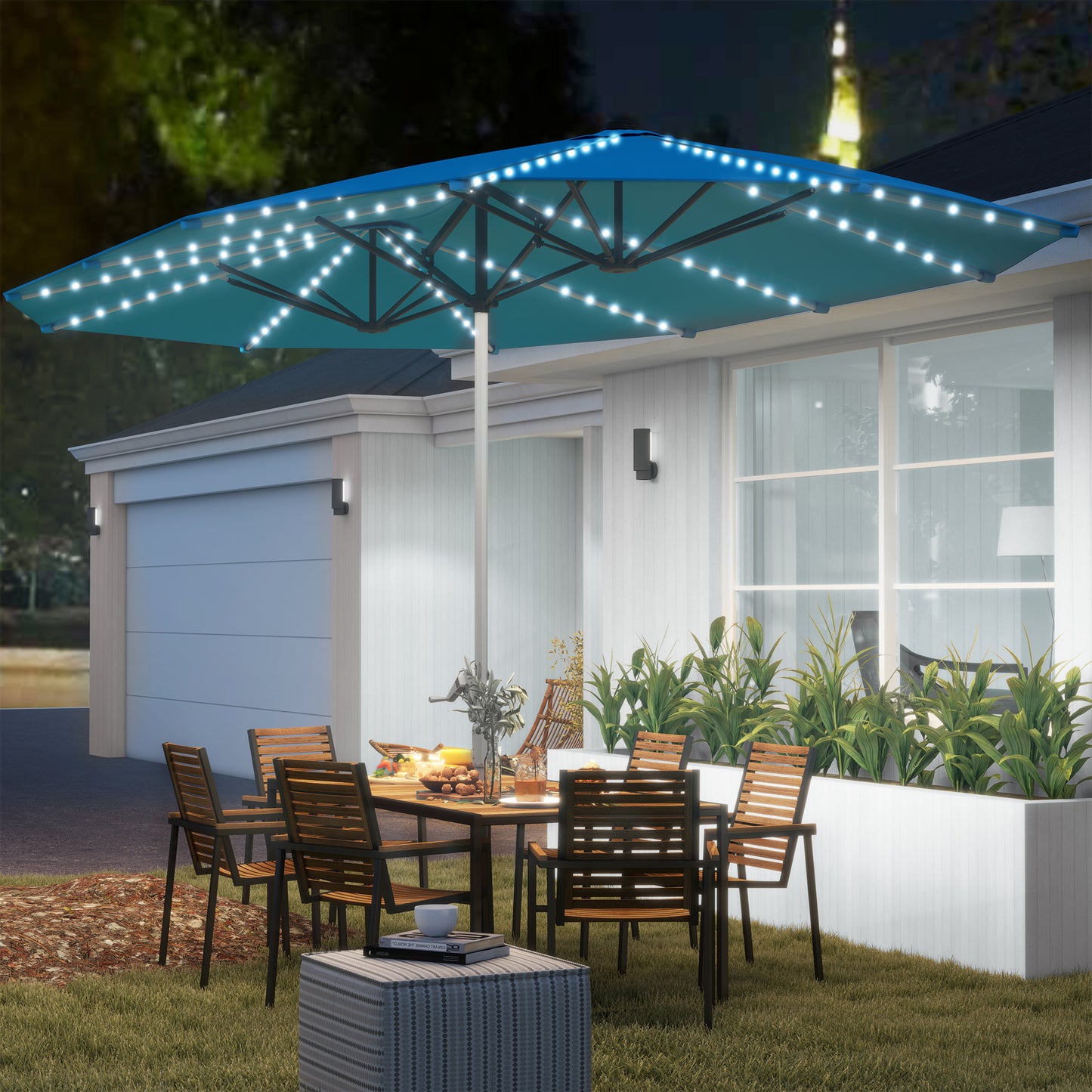 15ft Double-Sided Patio Umbrella with Solar Lights - Blue