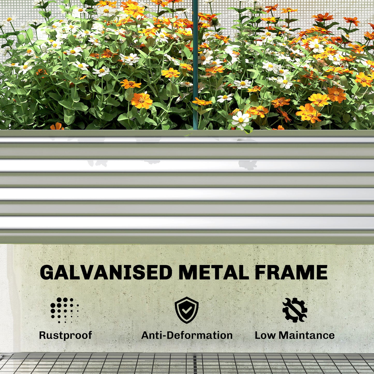 Galvanised Raised Garden Bed with Greenhouse Cover - Metal Elevated Plant Bed, Silver, 1330x370x120mm