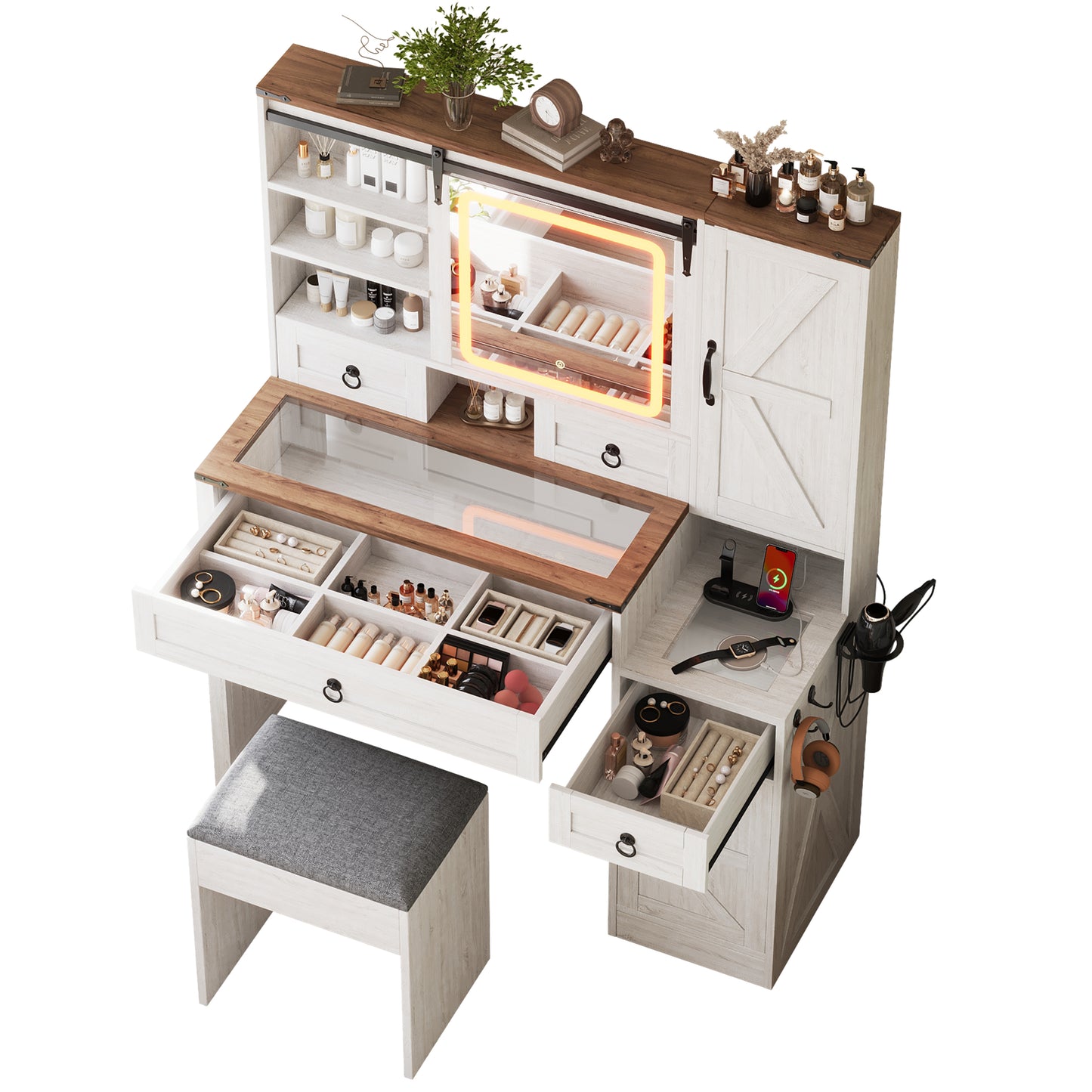 Farmhouse Vanity Desk With Sliding Mirror And Lights, Set Glass Top