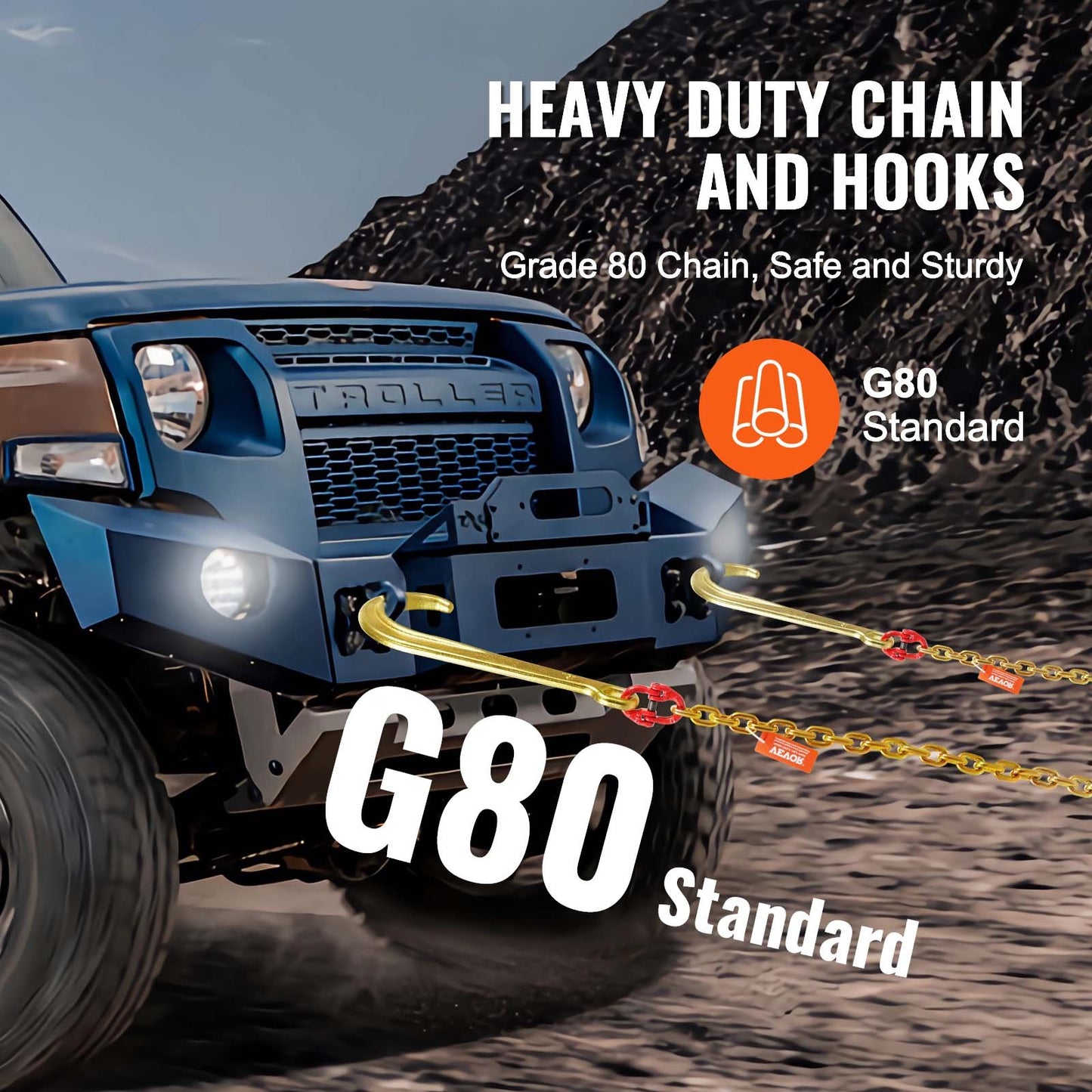 G80 Grade 80 Tow Chain with J Hook Long Shank 15ft Load Capacity 5400 lbs