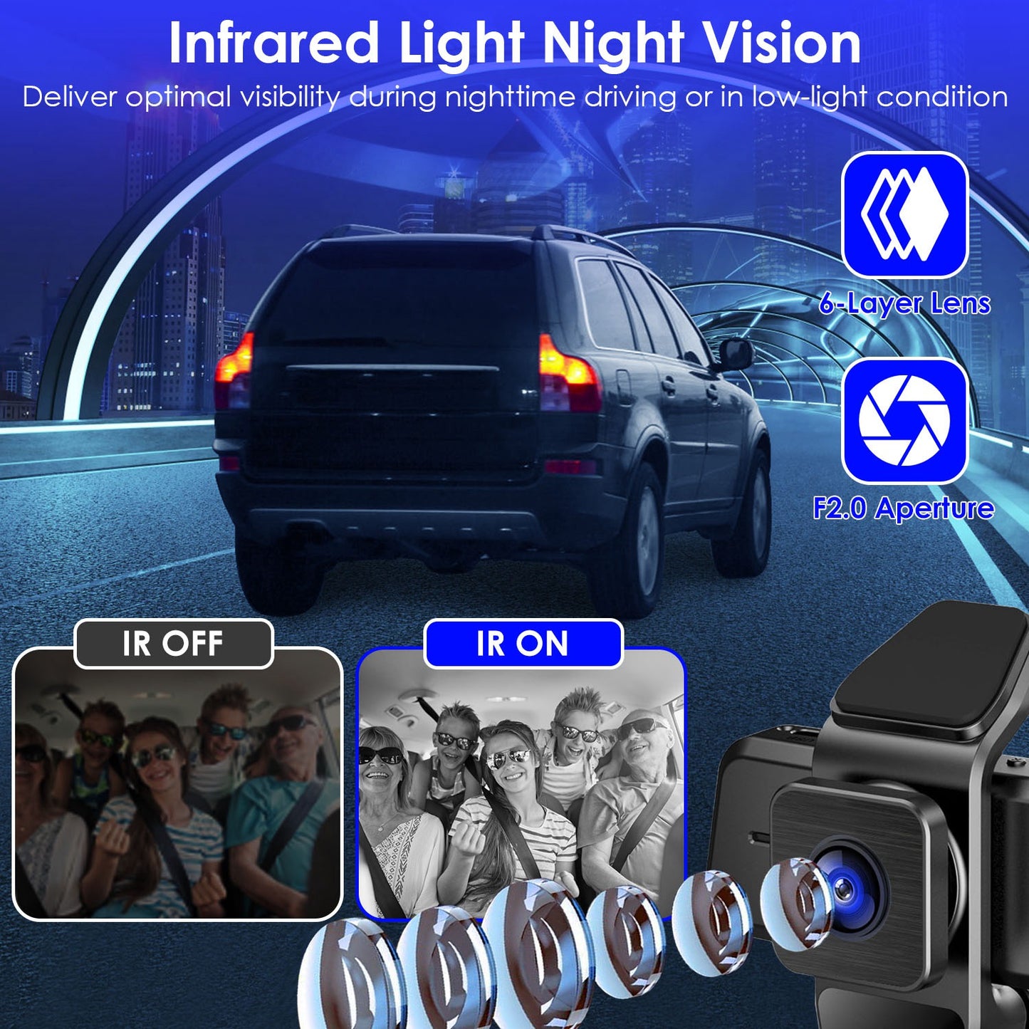 1080P FHD 3-Channel WiFi Dash Cam with Night Vision & Motion Detection