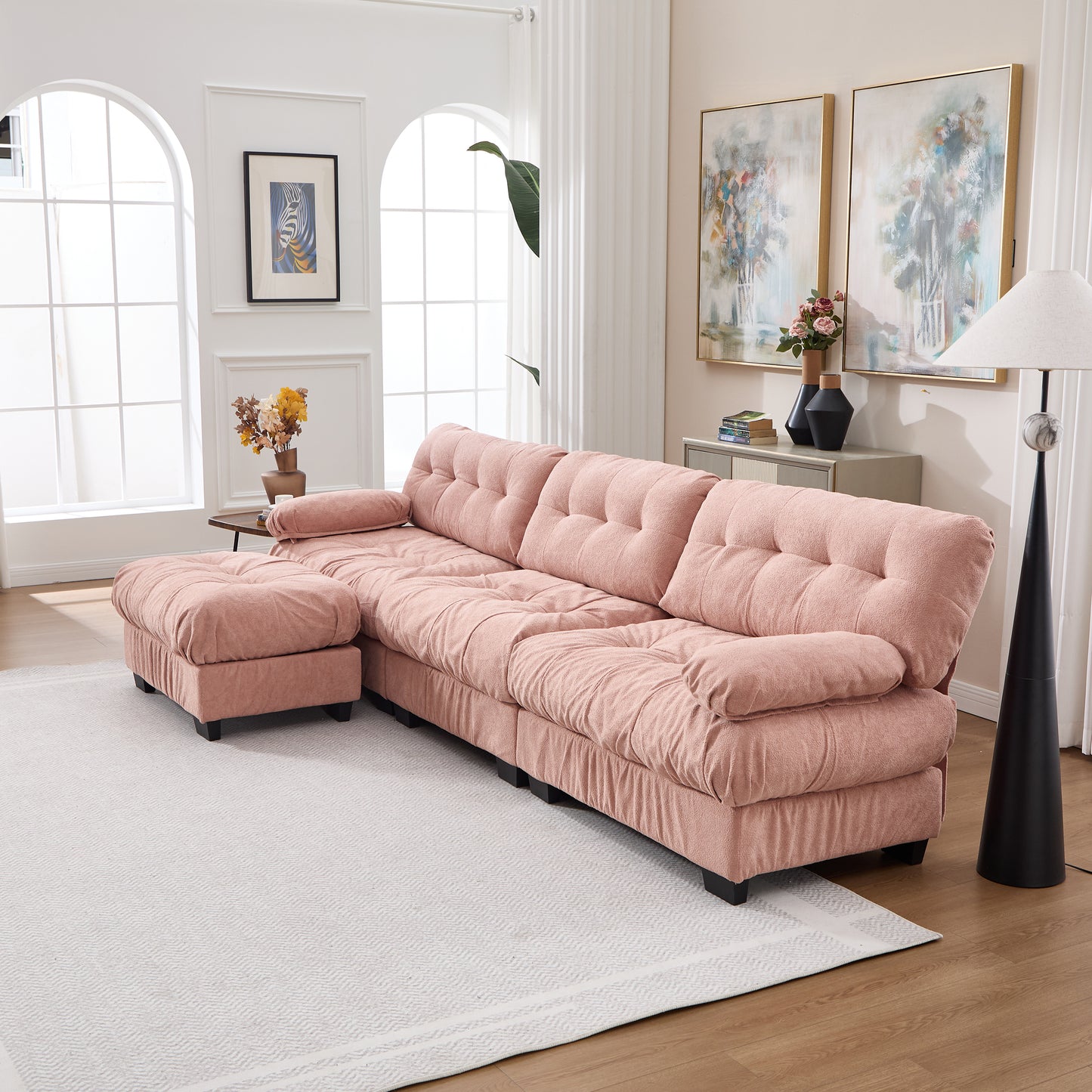 Oversized Modular Sectional Sofa with Movable Ottoman - Pink