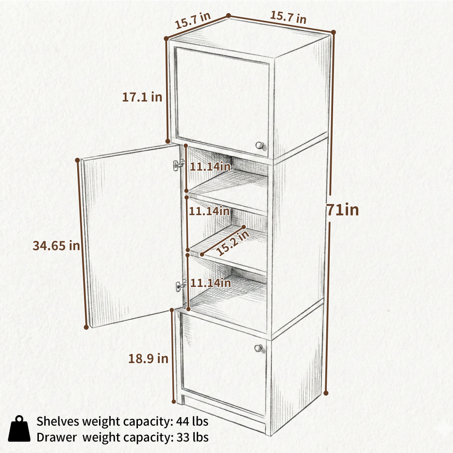 Tall Narrow Pantry Cabinet with Adjustable Shelves & Drawer - White