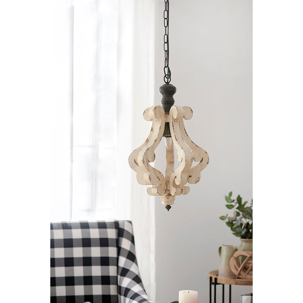 Farmhouse Chandelier with Antique Cream Finish - Wooden French Country Pendant Light for Living Room & Foyer