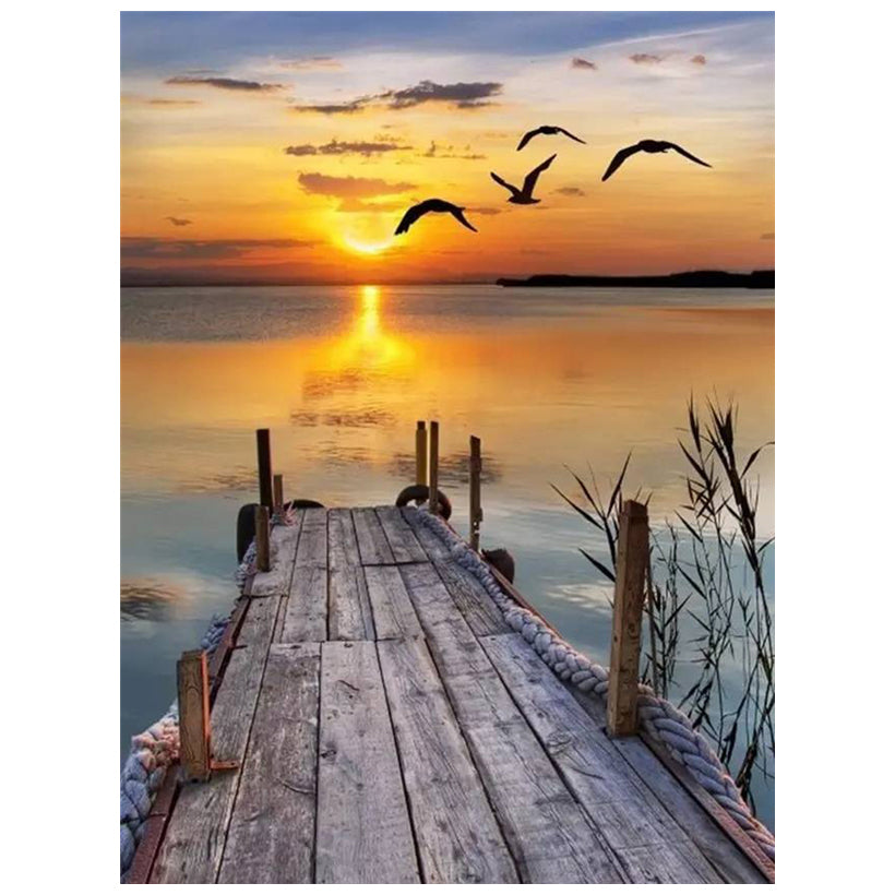 Full Square Diamond Painting Sunset Lake Scenic Cross Stitch Kit - DIY Art Craft