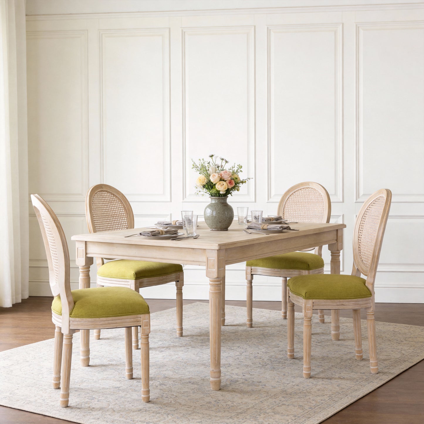 French Country Dining Chairs Set of 2 - Upholstered Rattan Back - Green