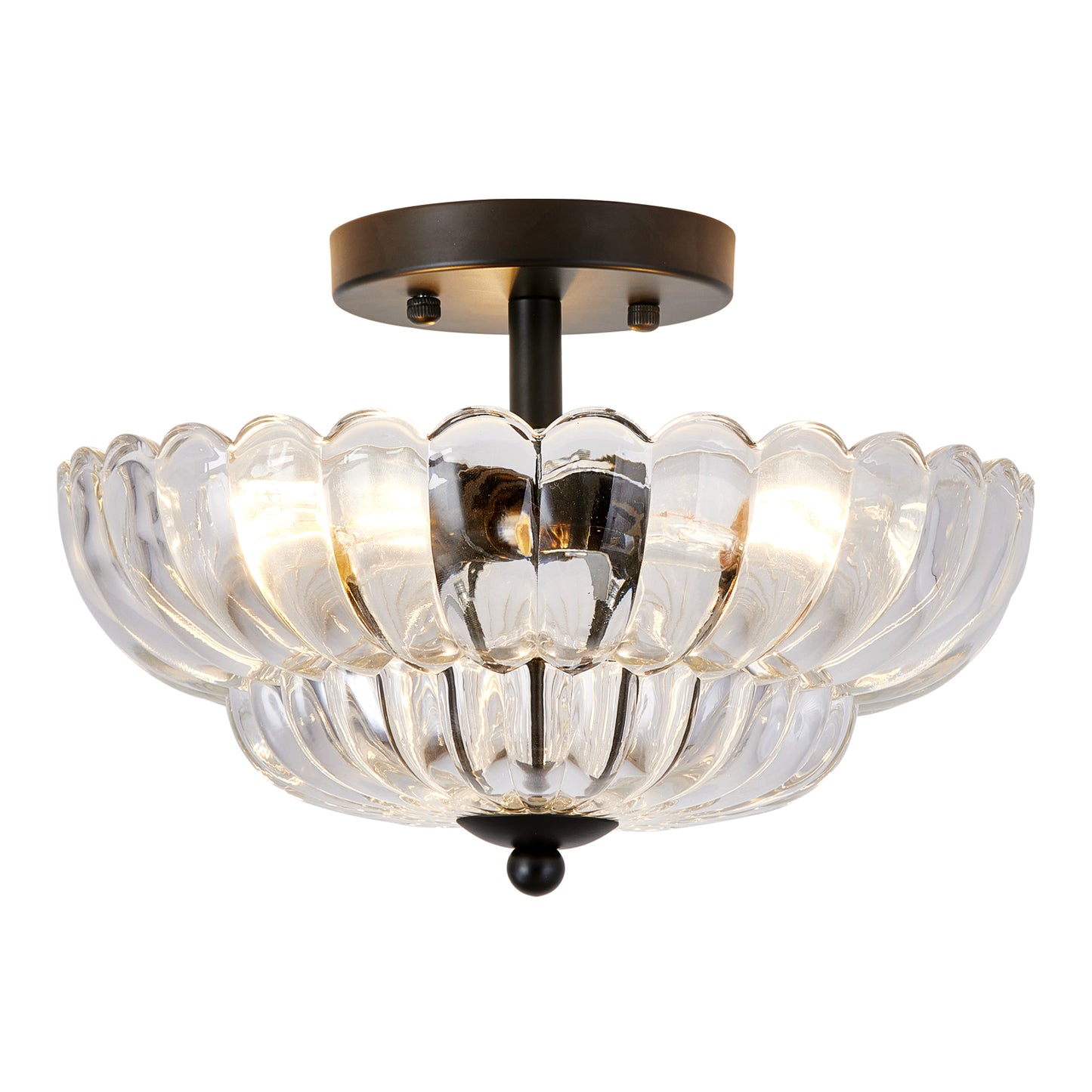 3-Bulb Semi Flush Mount Ceiling Light with Floral Glass Shades - Smoky Gray & Clear Variants