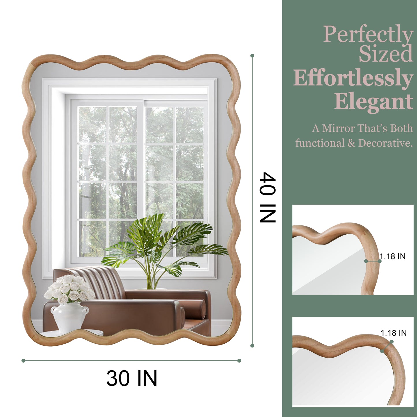 Natural Wood 30x40 Wavy Rectangle Decorative Mirror - Art Deco Style