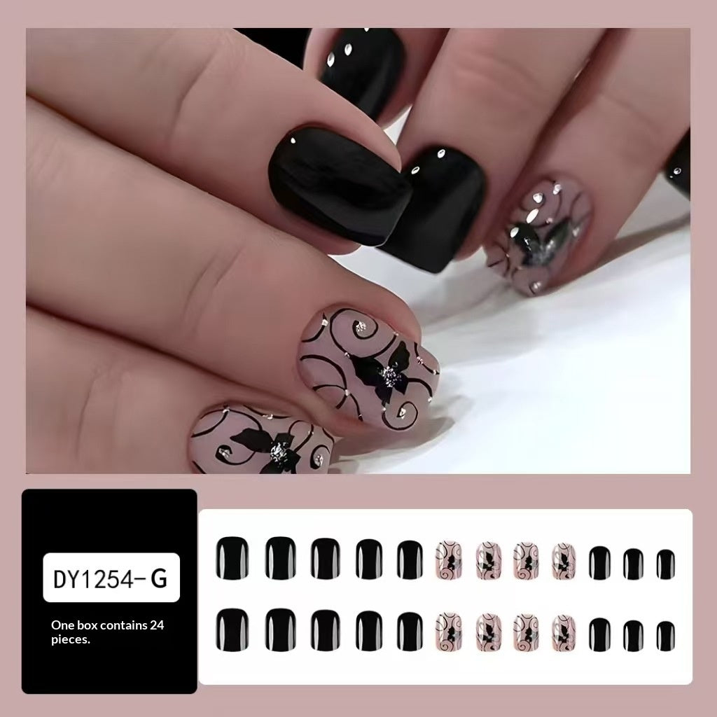 Black Butterfly Sequin Nail Art Kit - 24-Piece Short Square Design for Women & Girls