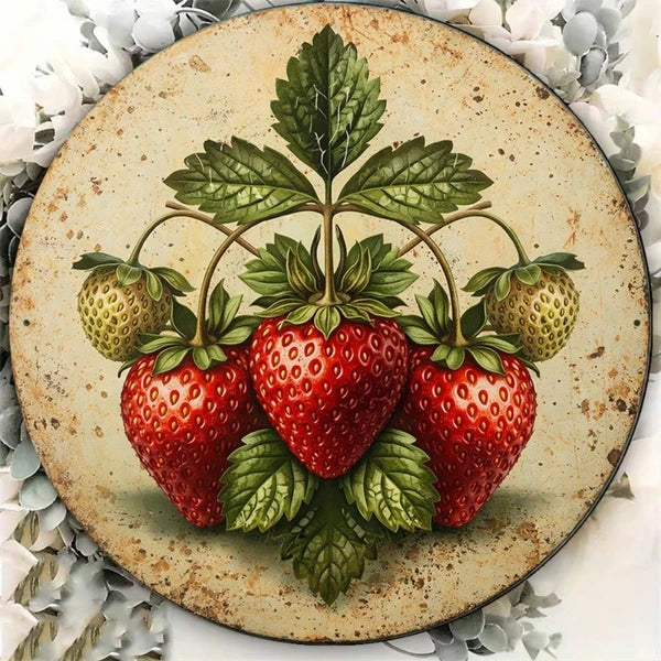 Vintage Strawberry 2D Flat Round Sign - 8x8in Metal Wall Art