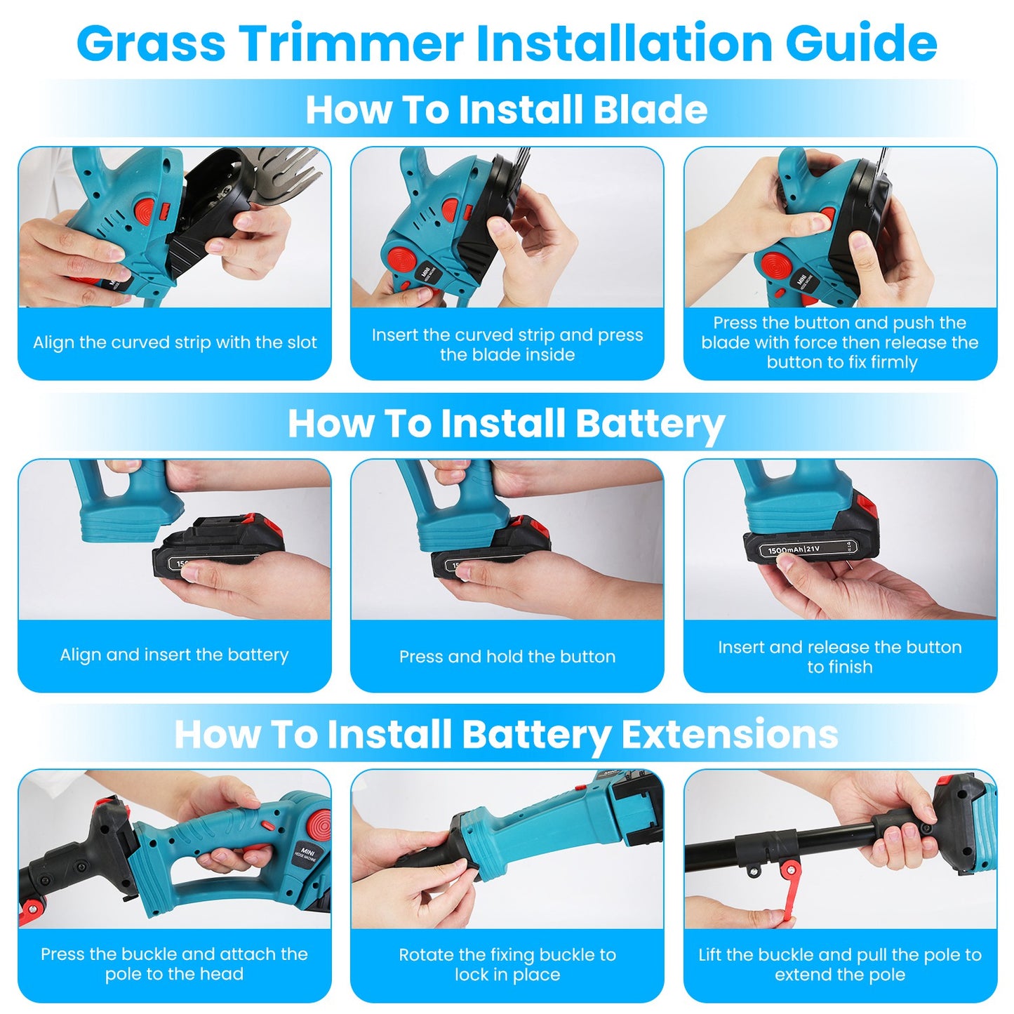 Cordless Multi-Function Hedge Trimmer with Telescopic Pole & Batteries - Blue
