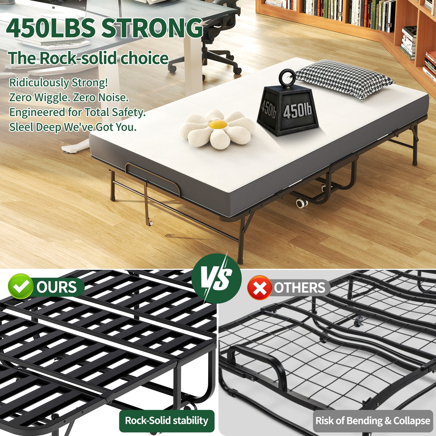 Large 75x46 Wide Folding Bed For Tall People, Extra Long & Rollaway