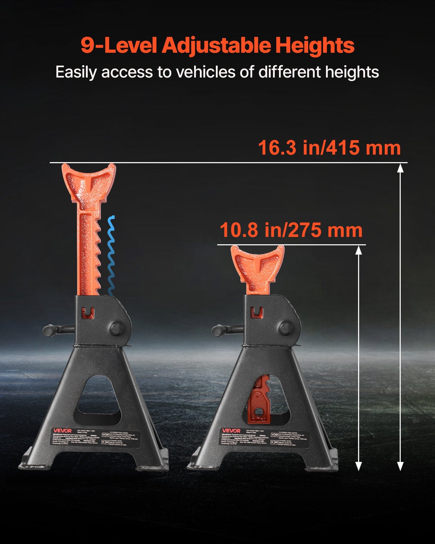 3 Ton Adjustable Car Jack Stands Set for SUVs, Pickup Trucks & ATV/UTV - Heavy Duty Steel with Locking - Black and Orange