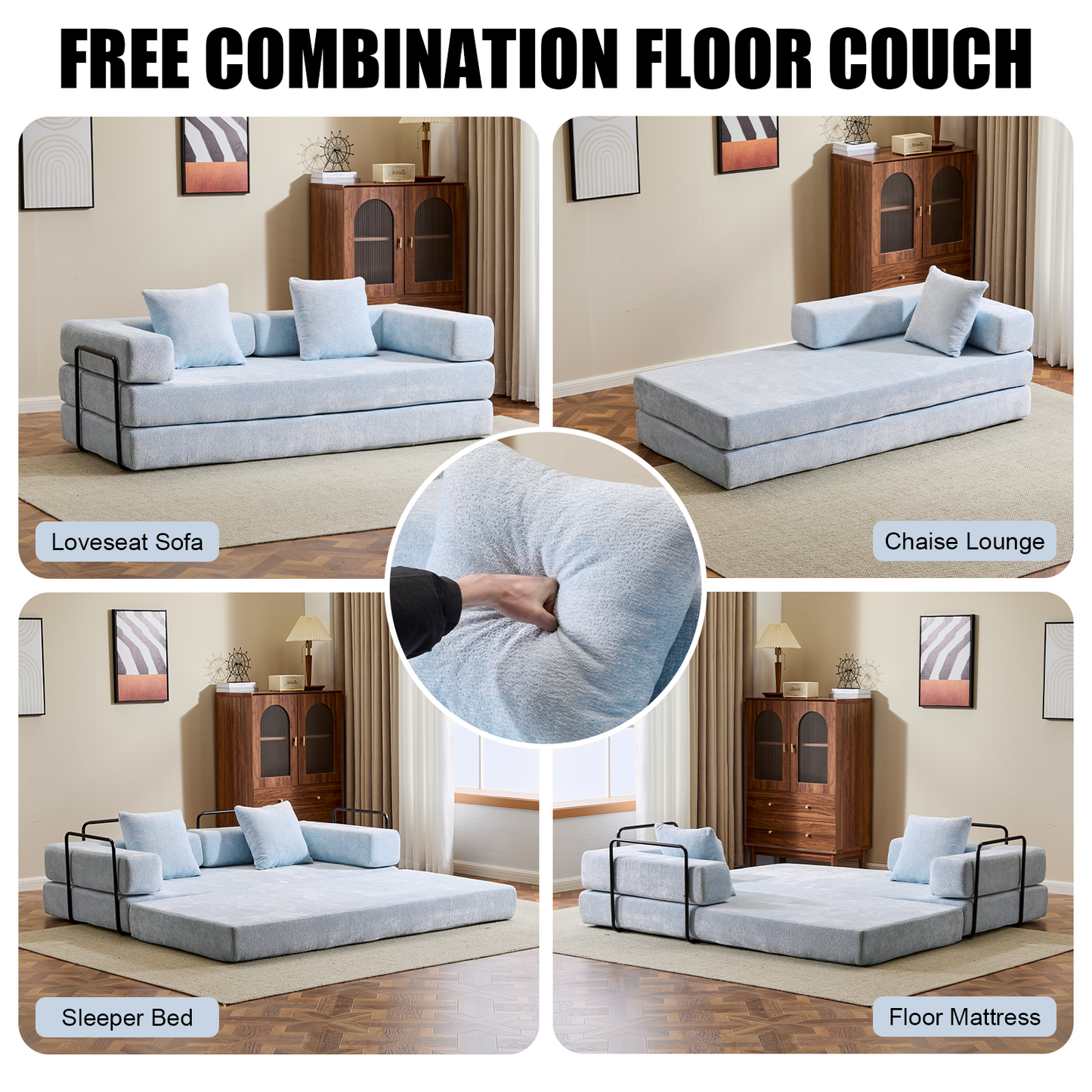 Convertible Floor Sofa Bed with Pillow Back Support - Light Blue