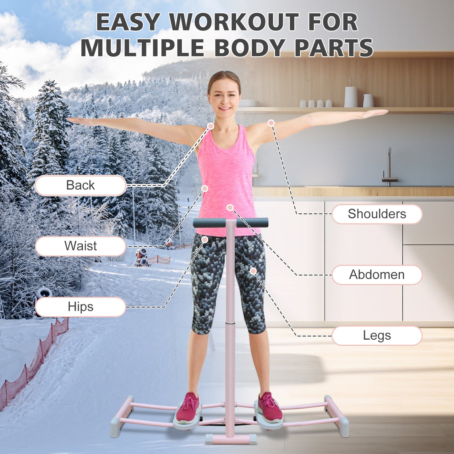Foldable Ski Machine - Adjustable Non-Slip Pedal Trainer - Pink