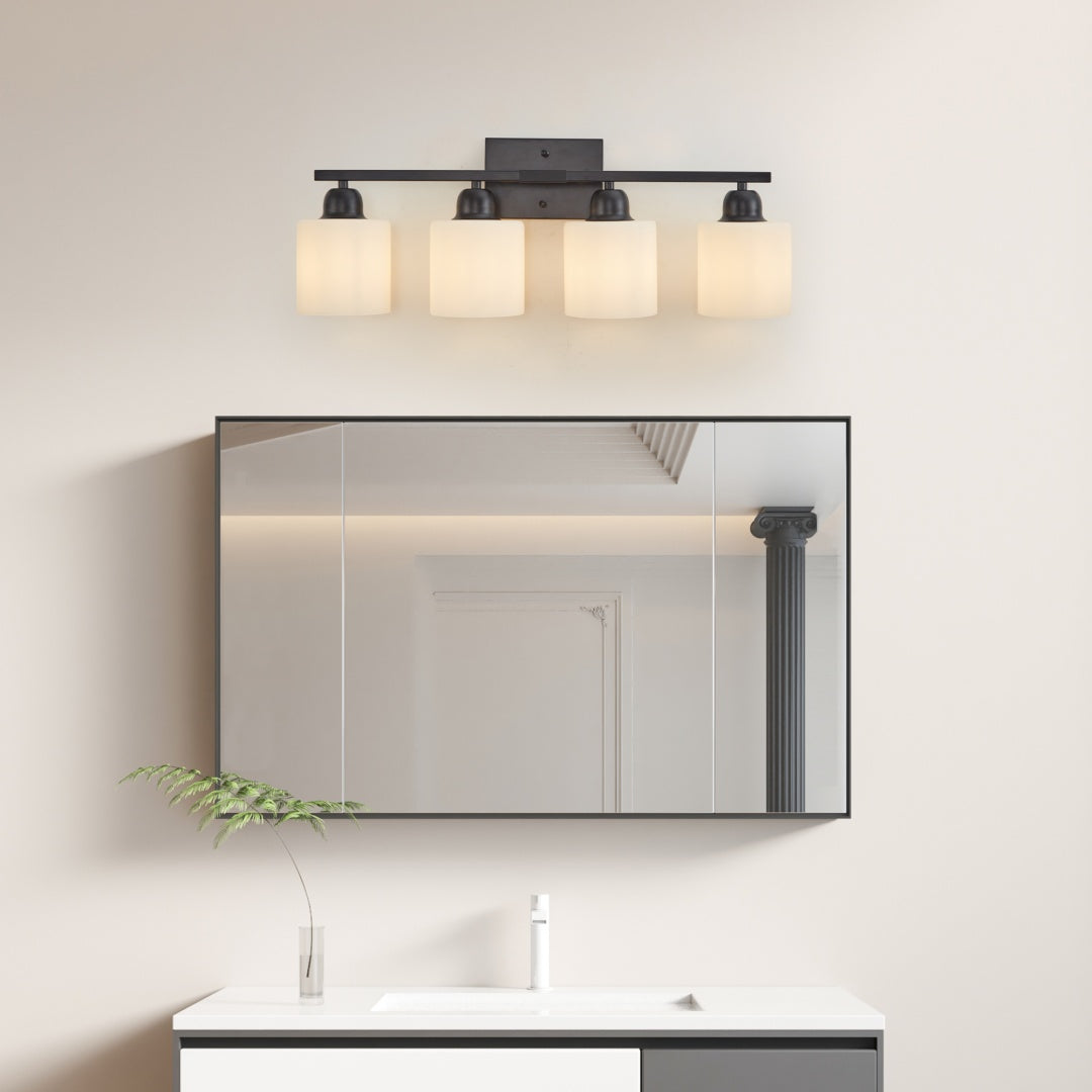4-Light Modern Black Bathroom Vanity Light Fixture - Frosted Glass Shades