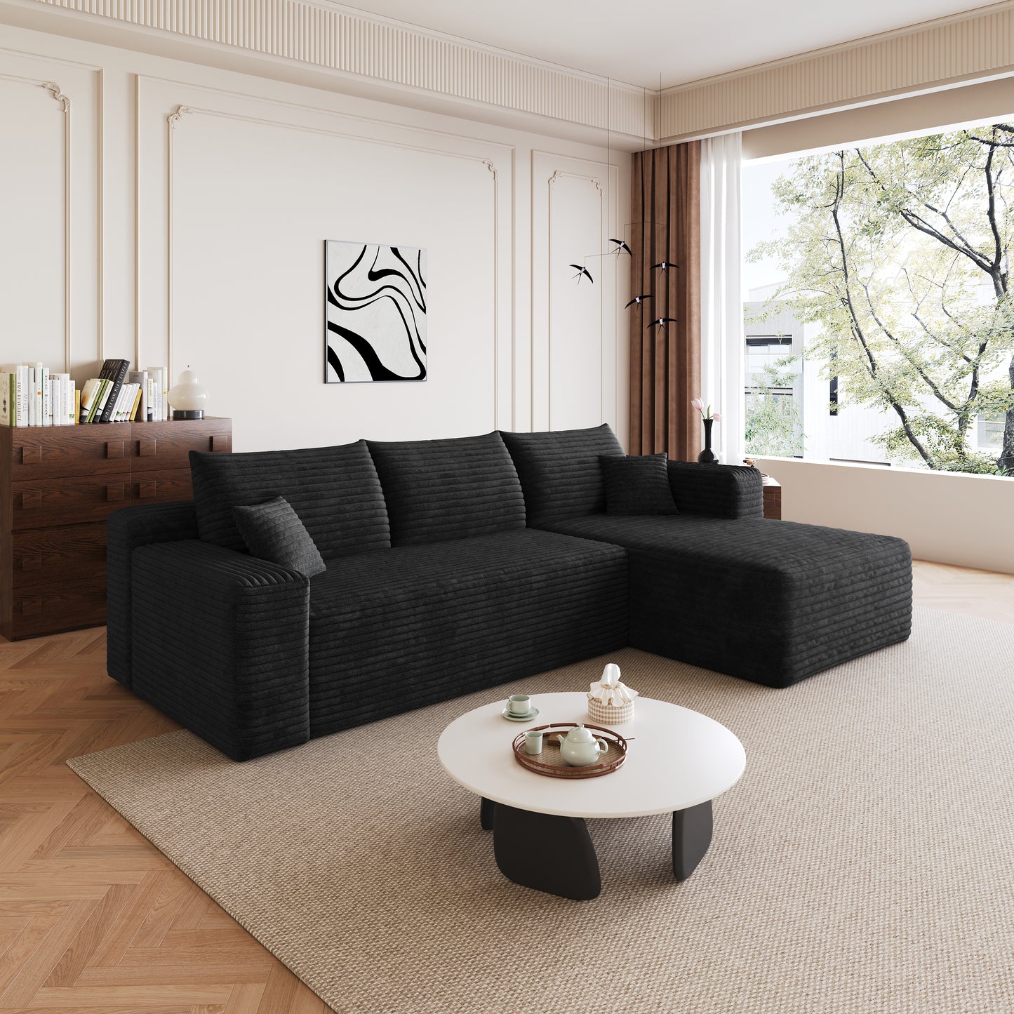 95" Cloud Sectional Sofa - Modern U Shaped Couch in Black Fabric