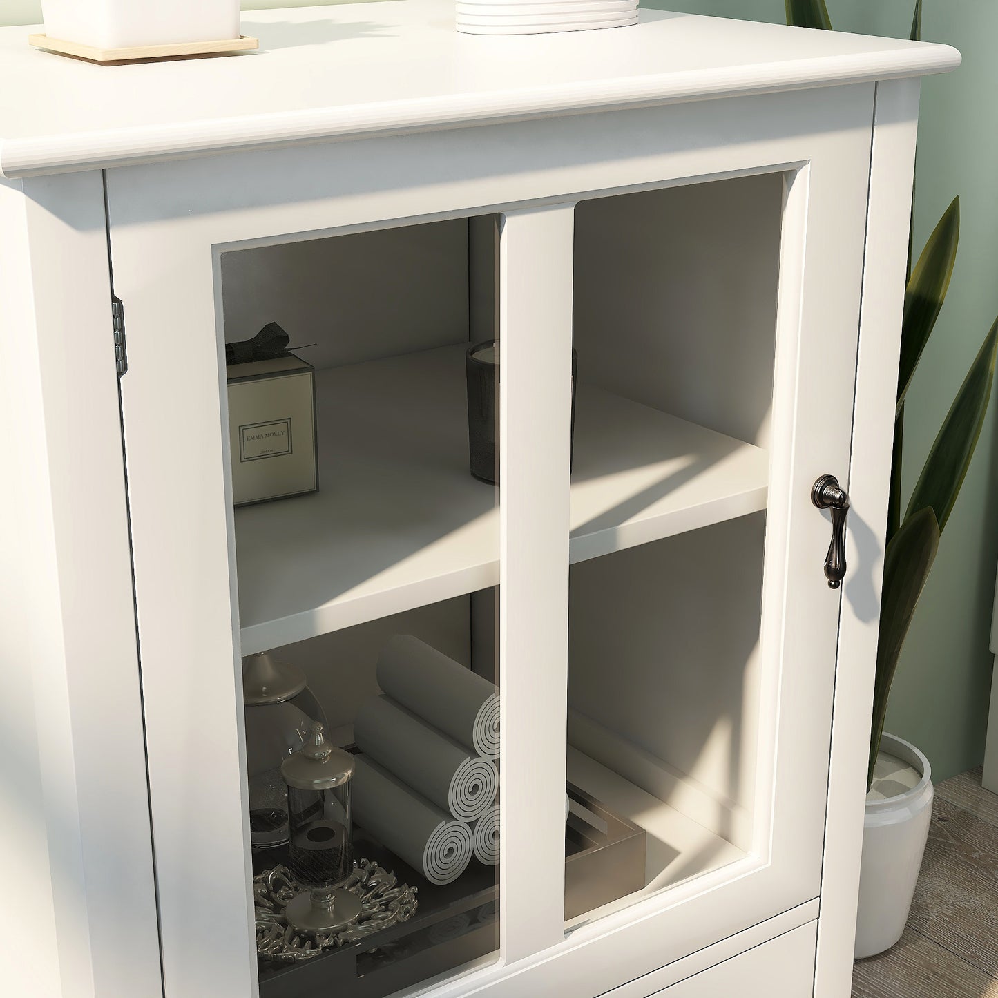 Buffet Storage Cabinet with Glass Doors & Bell Handle - White