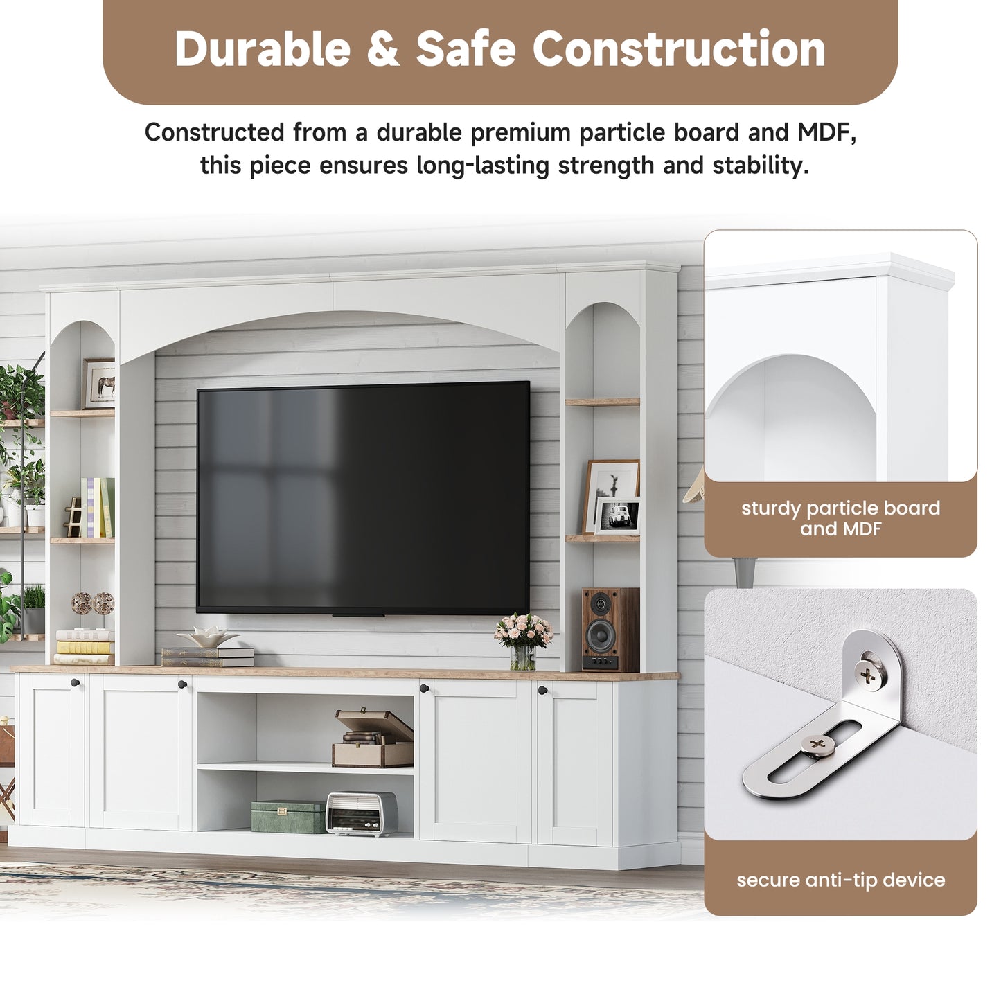 Elegant Arched TV Stand with Bookshelf - White Media Console for TVs Up to 70"