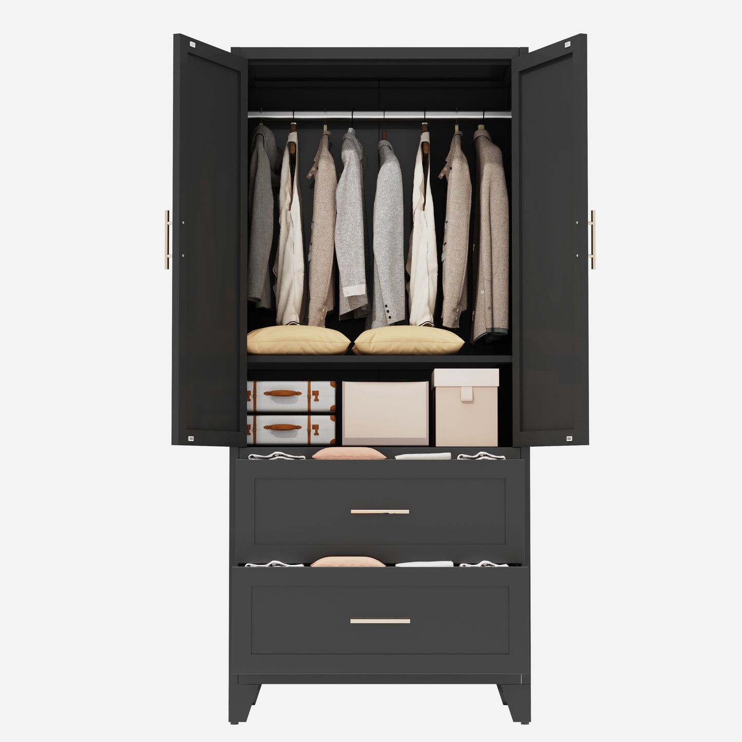 71" Tall Metal Wardrobe Cabinet with 2 Drawers & Shelf - Black