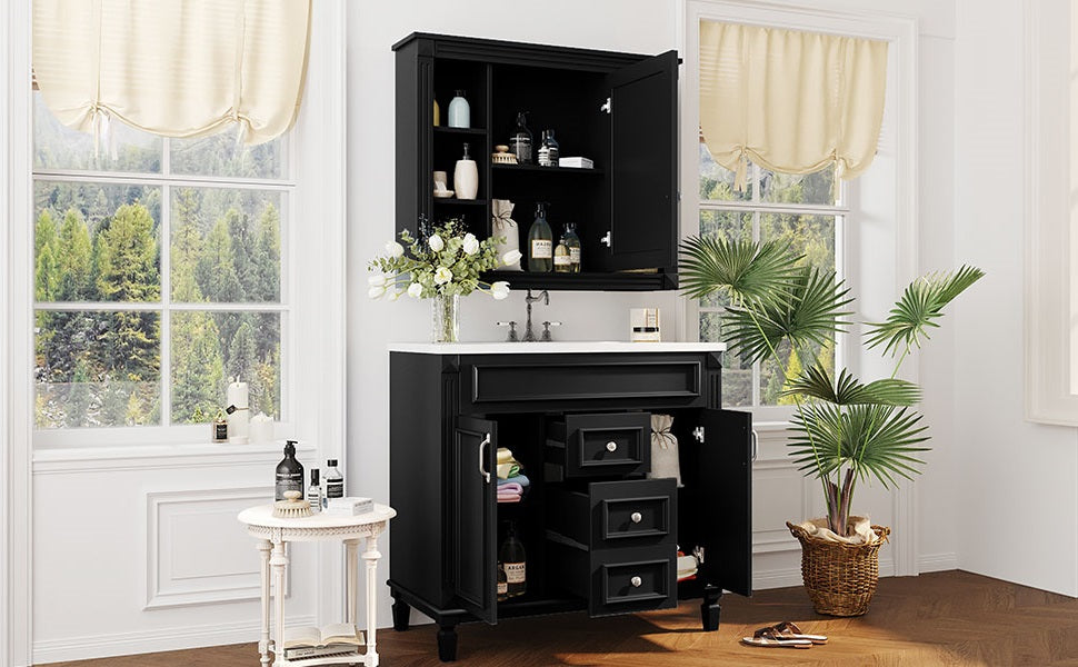 36'' Modern Bathroom Vanity with Black Mirror Cabinet & Sink