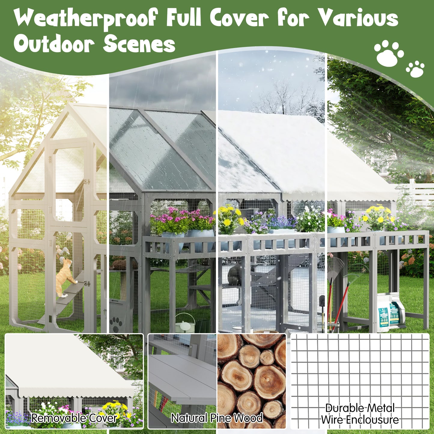 Large Outdoor Cat House With Planter Stand, Wooden Enclosure Resting