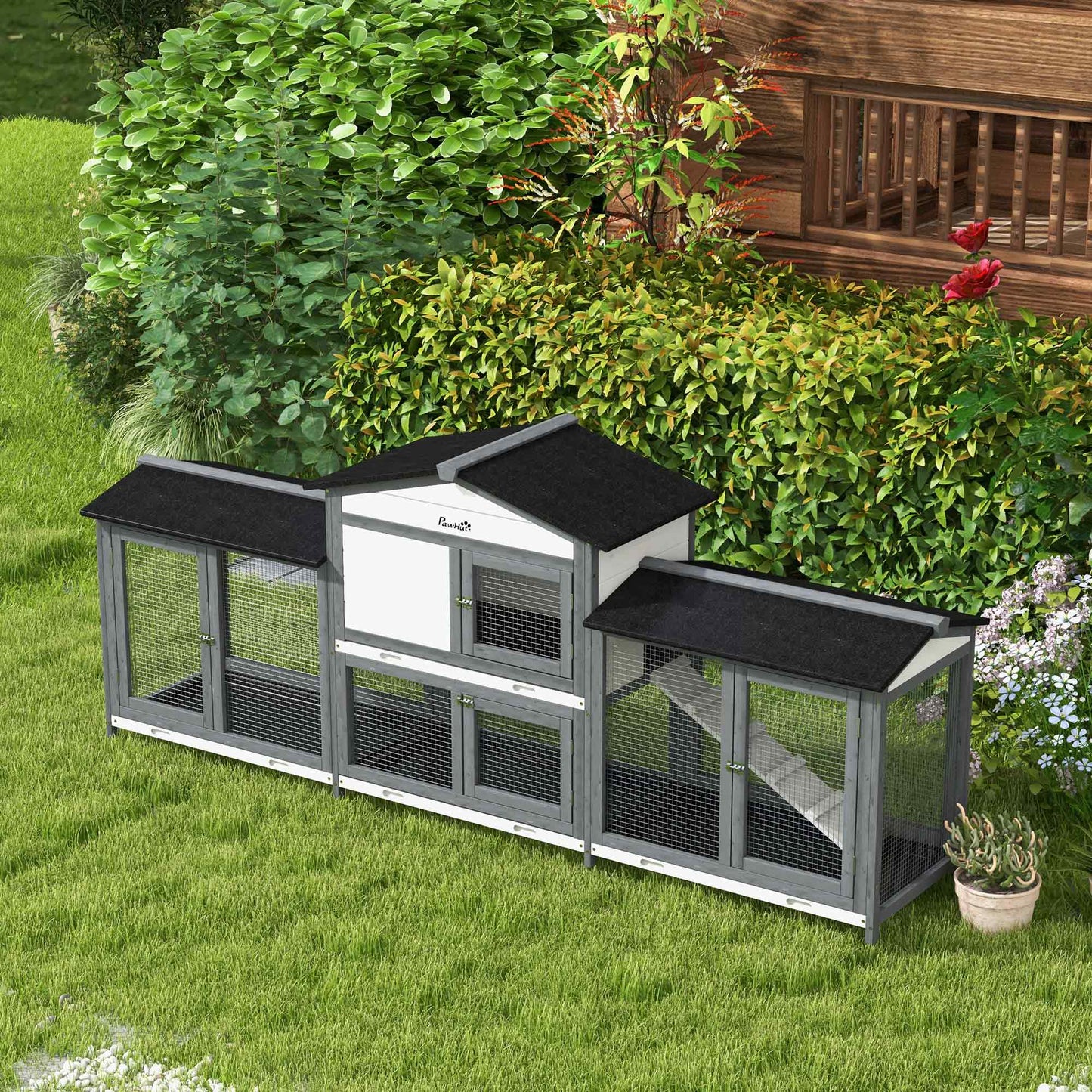 Wooden Rabbit Hutch with Run and Ramp, Outdoor Pet Cage for Small Animals