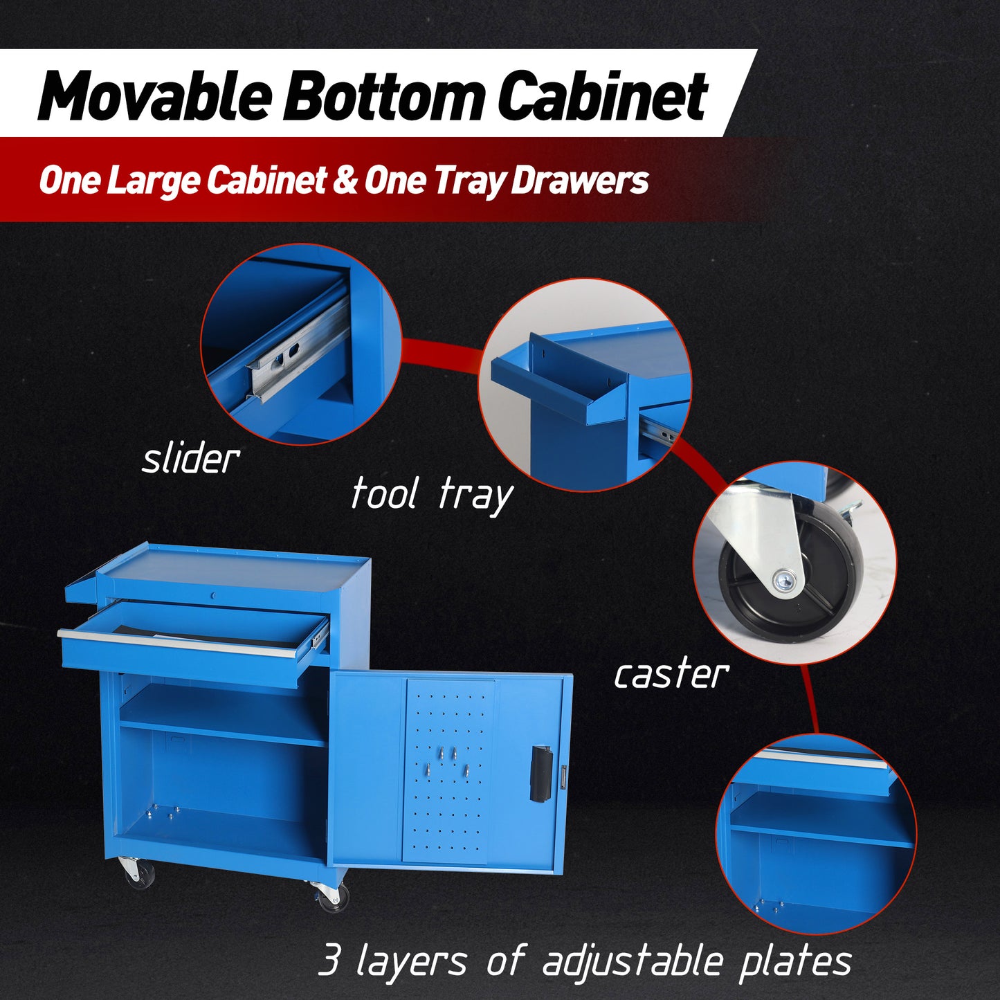 Rolling Tool Storage Cabinet with Lockable Wheels and Detachable Top - Blue