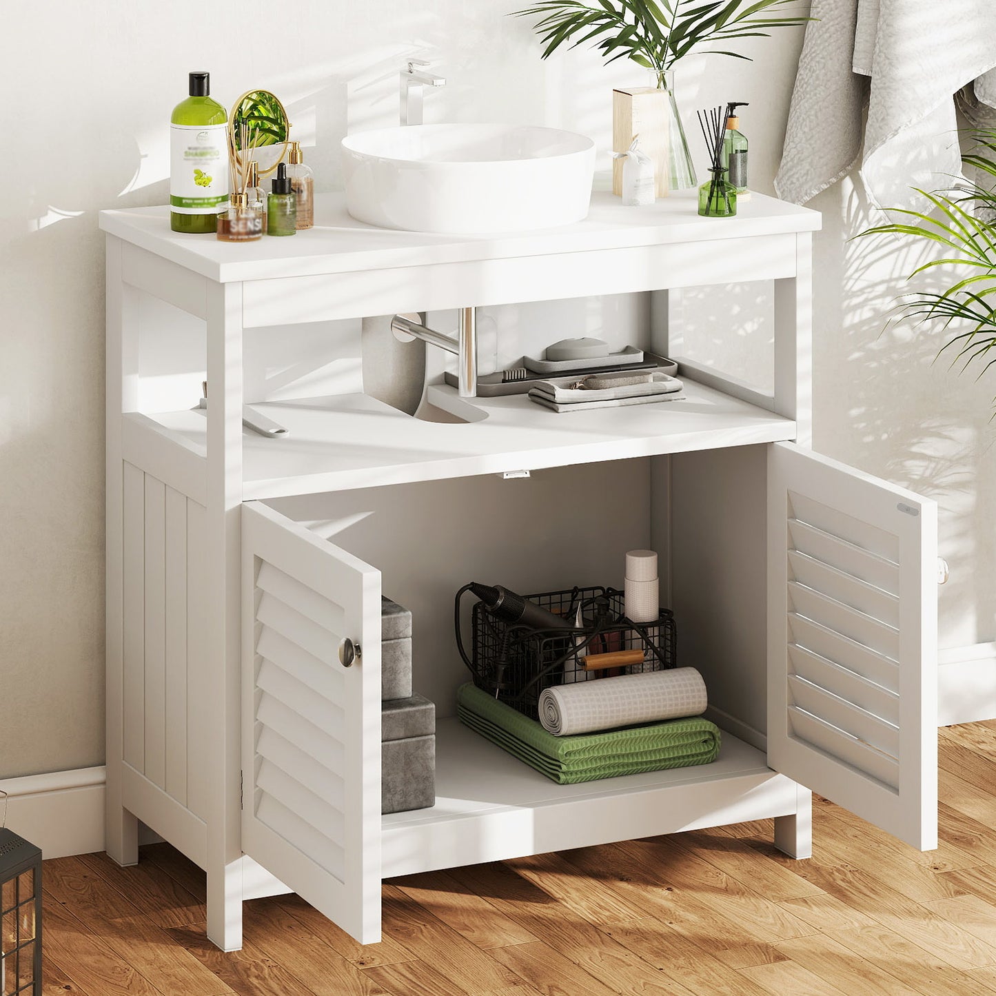 Wall Mounted Sink Storage Cabinet with 2 Doors & Open Shelf, Bathroom Vanity