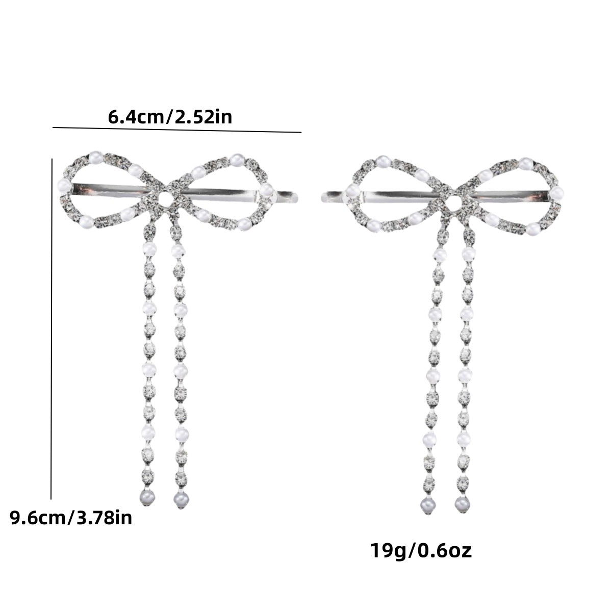 Silver Bow Barrettes with Rhinestone Tassel, Pair