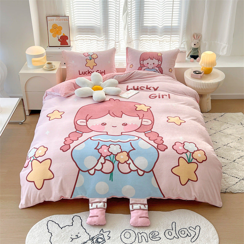 Cartoon Thickened Milk Velvet Bedding Set - Four Piece Kids Bed Linens