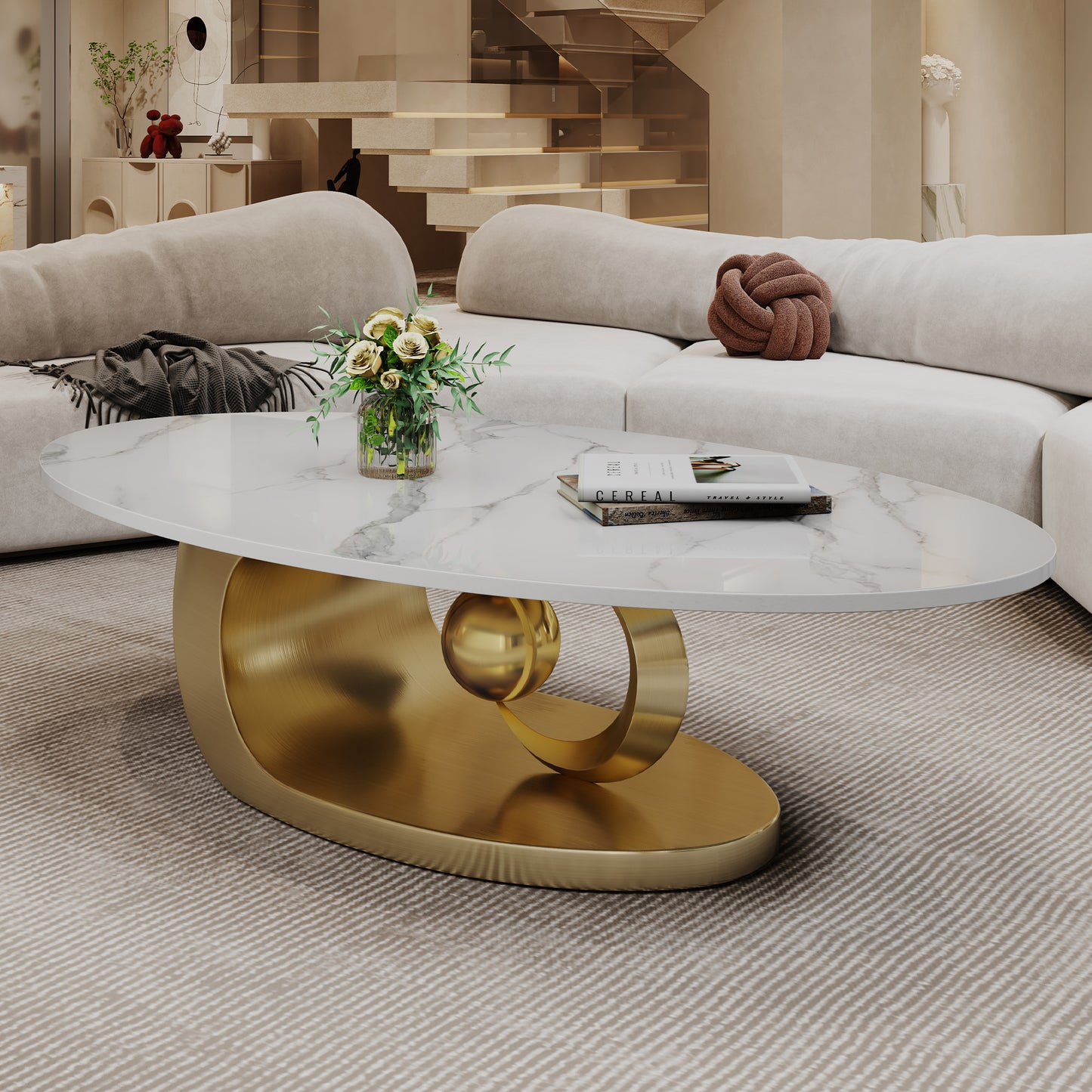 Contemporary Faux Marble Coffee Table with Stainless Steel Base - Gold & White