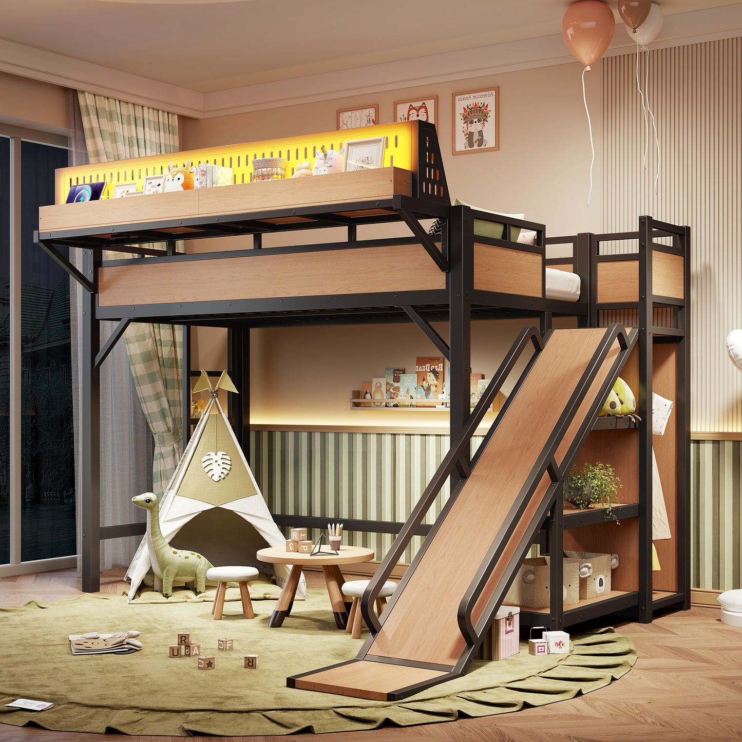 Twin XL Loft Bed with Slide, Storage Shelves & USB Ports - Natural
