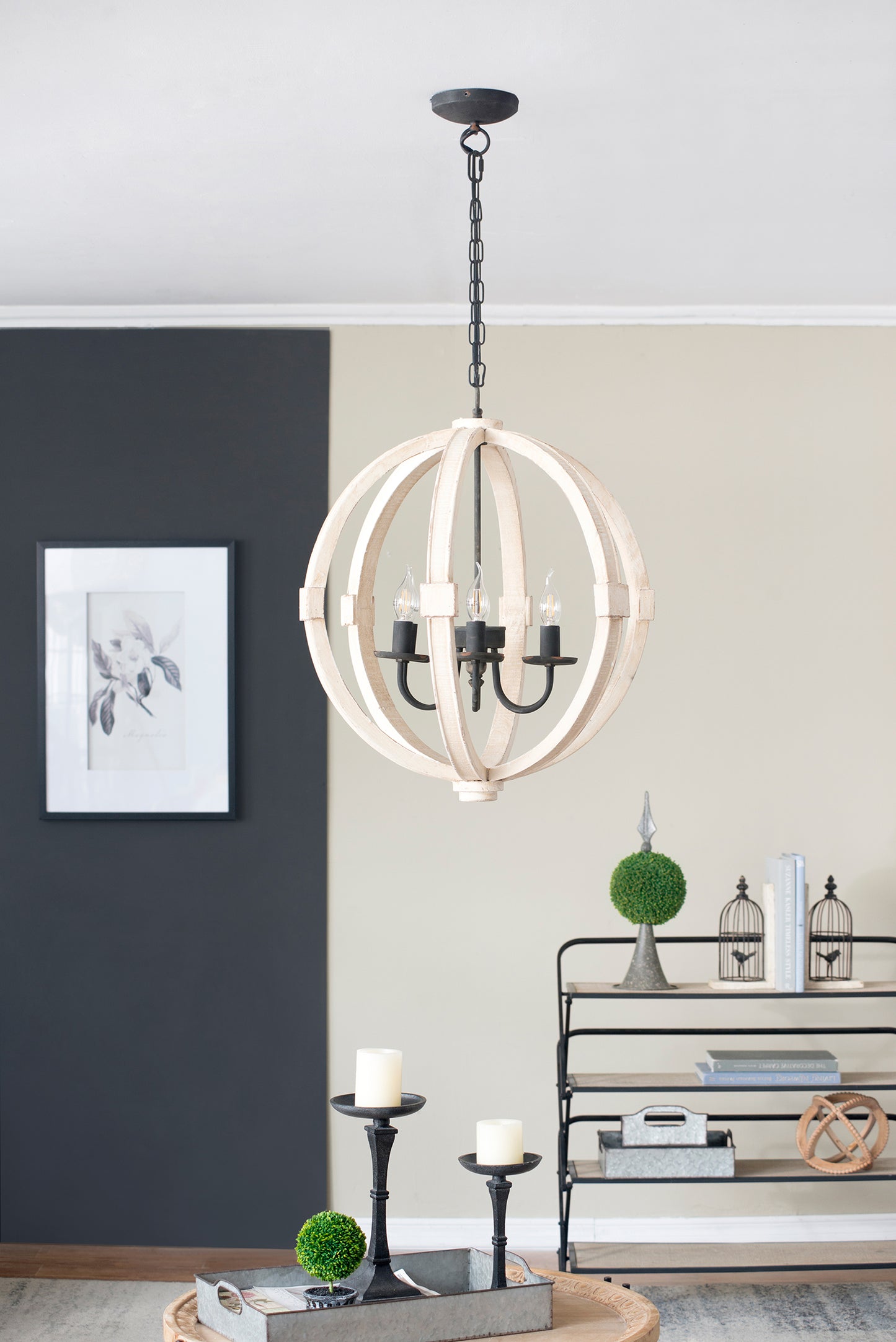 White Wooden Chandelier with Adjustable Chain for Kitchen Dining Room