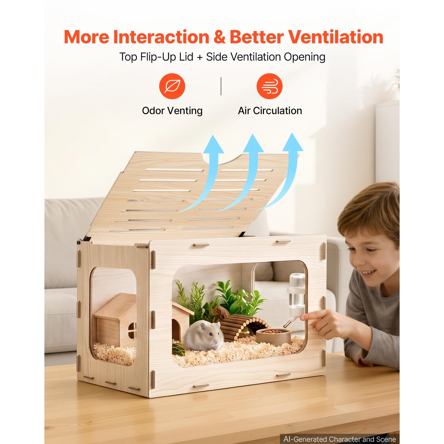 Wooden Hamster Cage 23.8x15.9x15.9 Inches Large Small Animal Habitat with Open Top