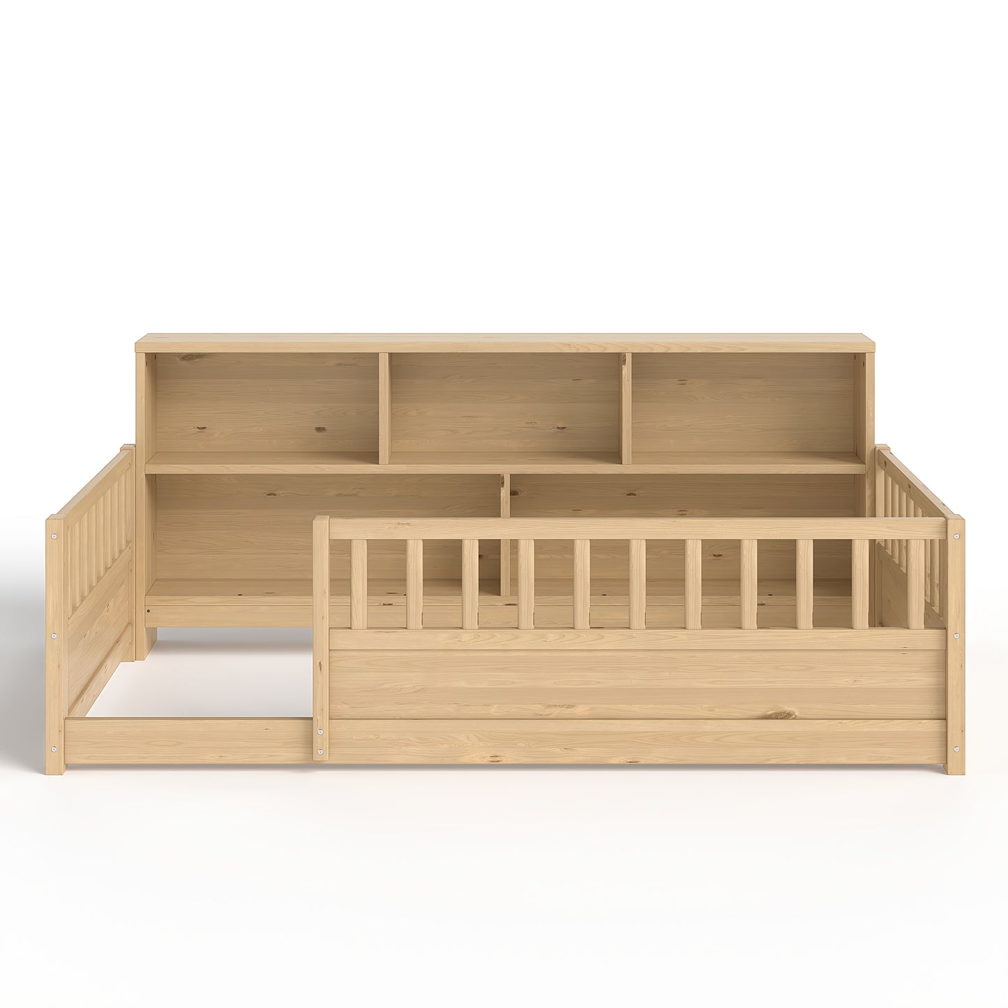 Twin-Sized Wooden Floor Bed with Fence Guardrail & Storage