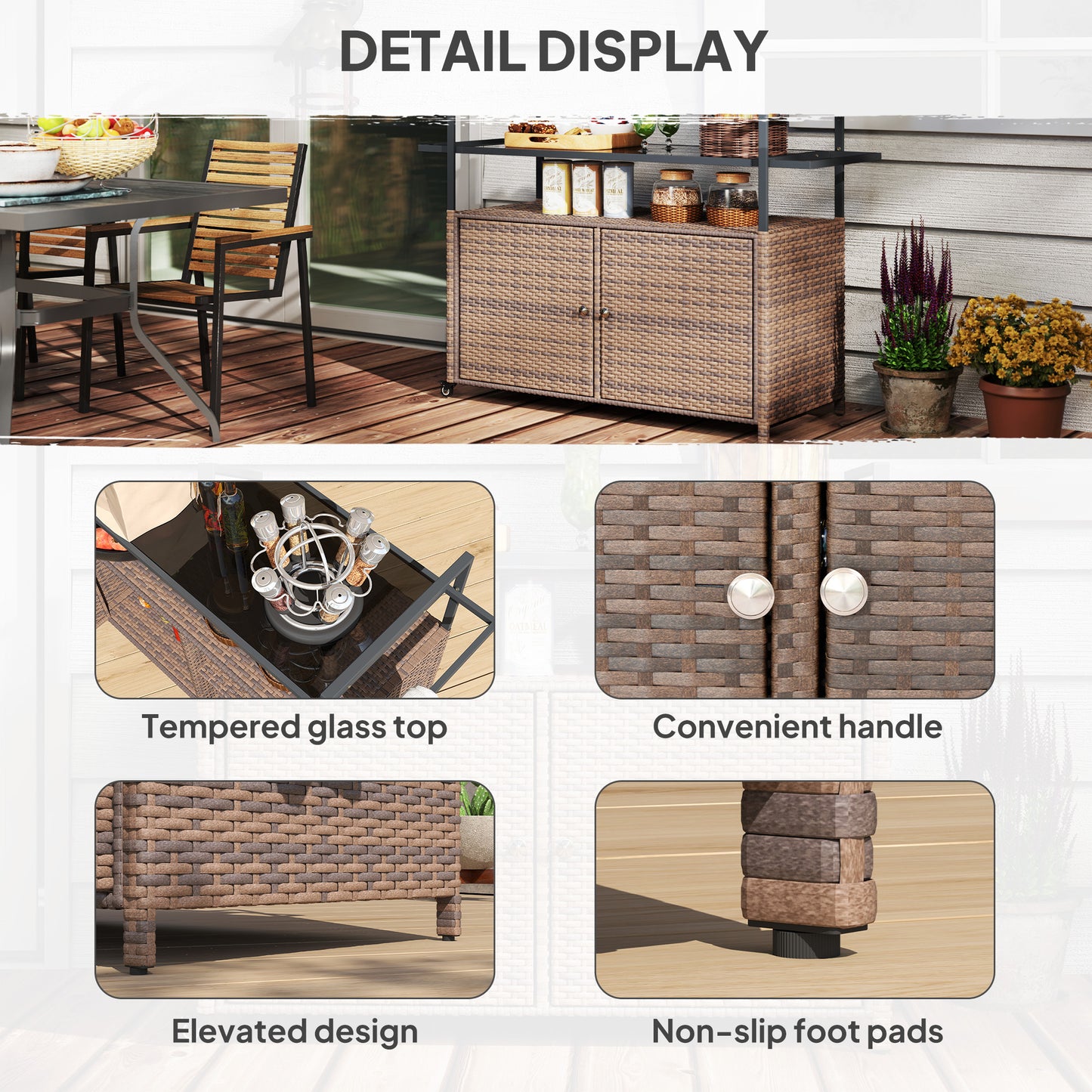 Outdoor Bar Cart with Glass Top & Storage Cabinet - Mixed Brown