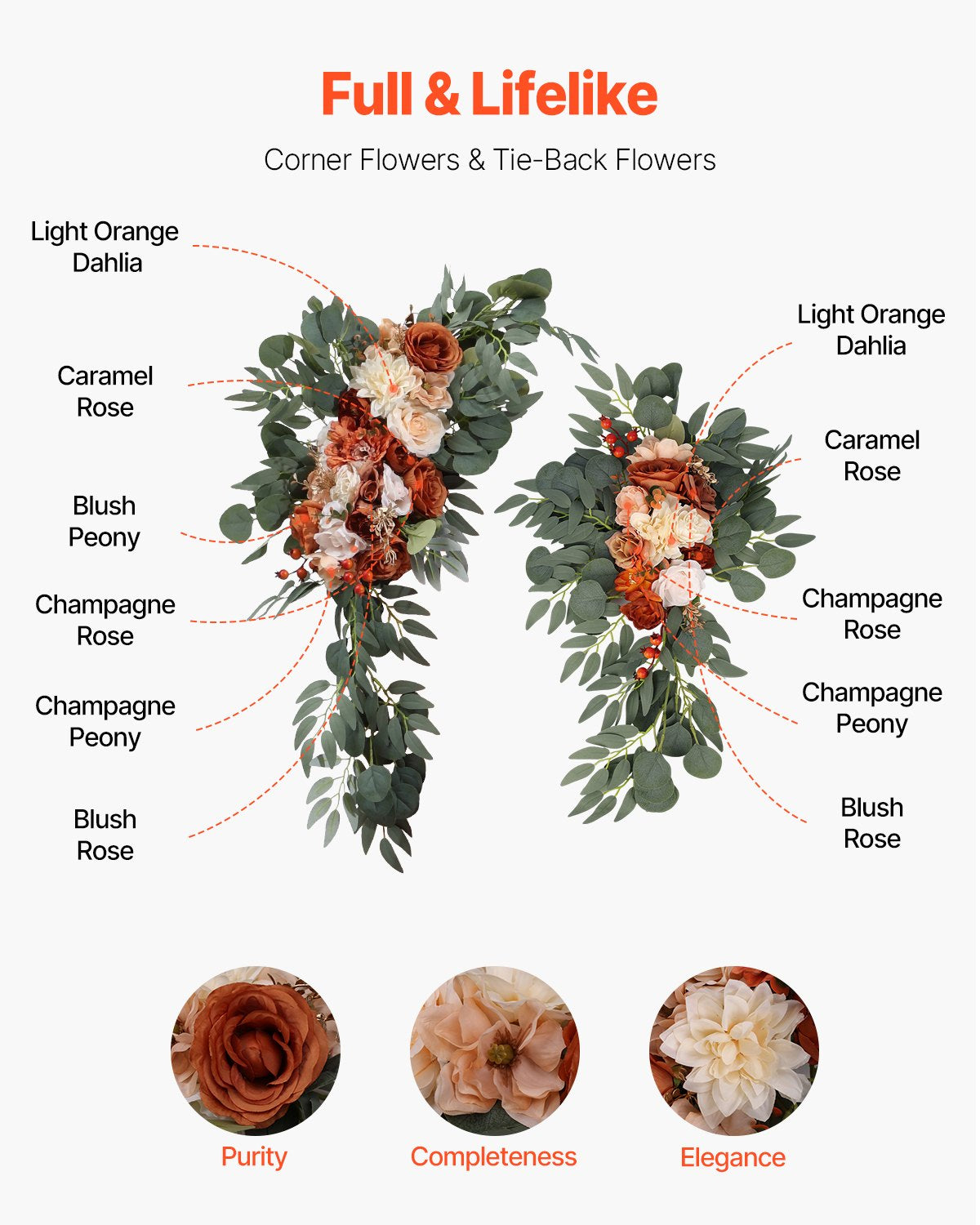 Artificial Wedding Arch Flowers Kit with 21ft Draping Fabric - Burnt Orange