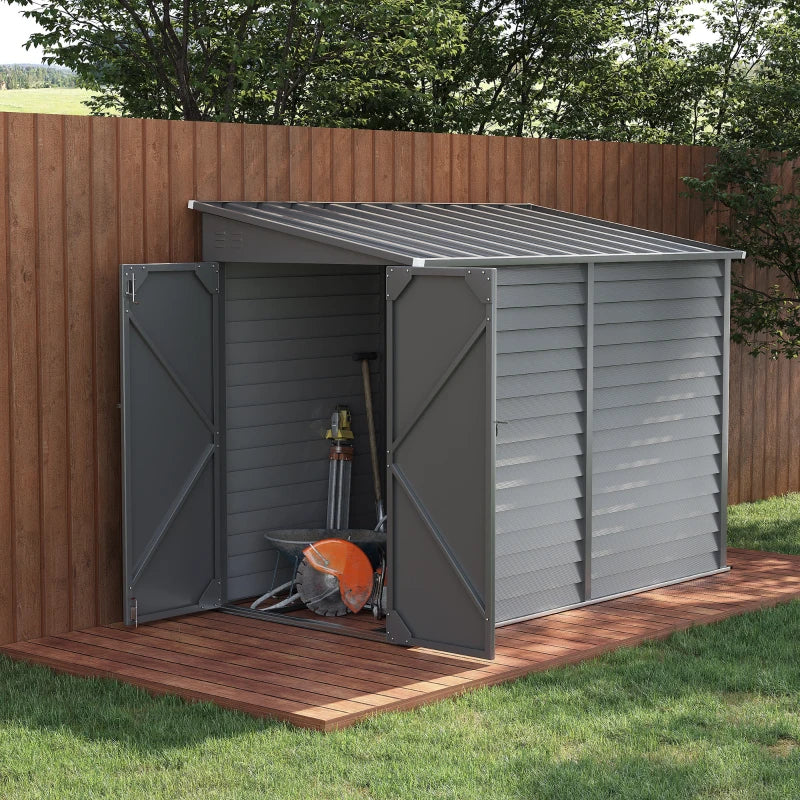 Outdoor Storage Shed 4.6x9 ft Metal Lean-To with Foundation Kit Lockable Doors Gray