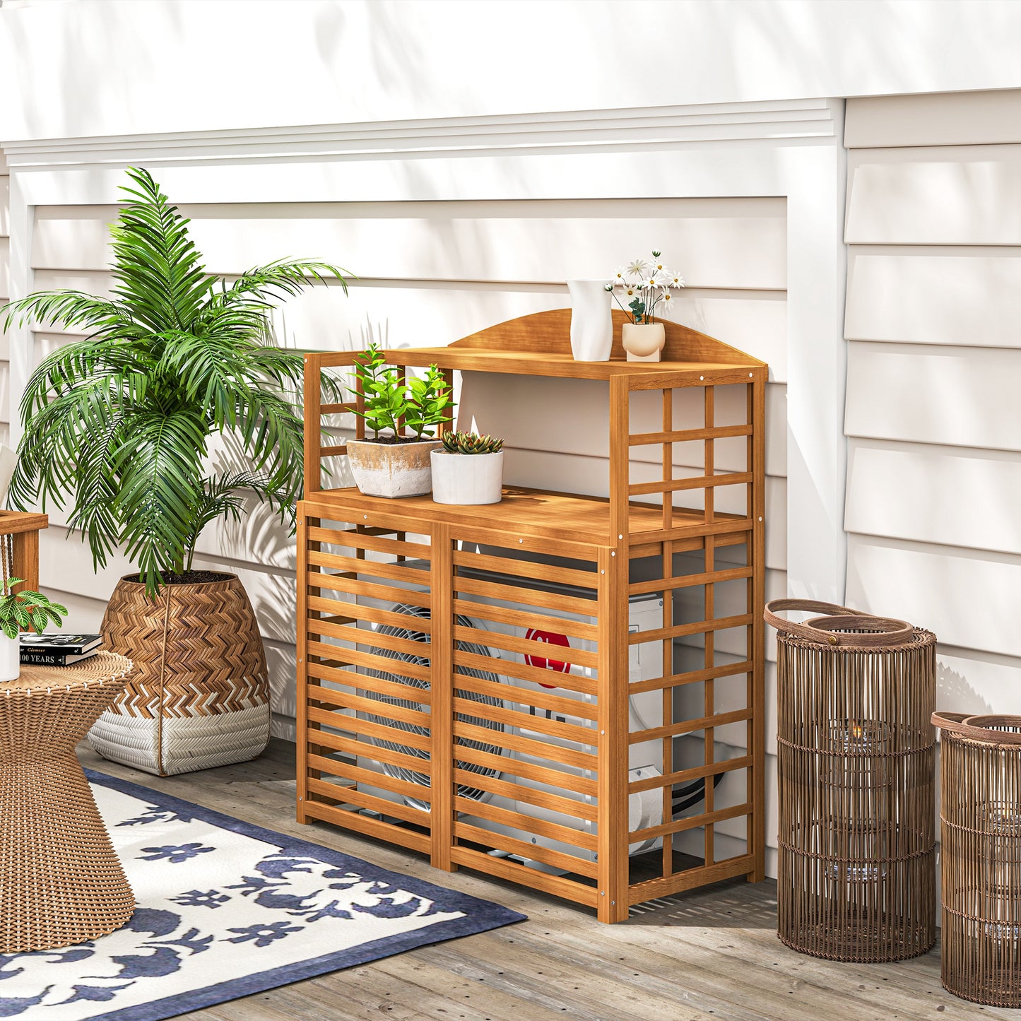 Outdoor Privacy Screen for Air Conditioner - Wood Fence with Shelves