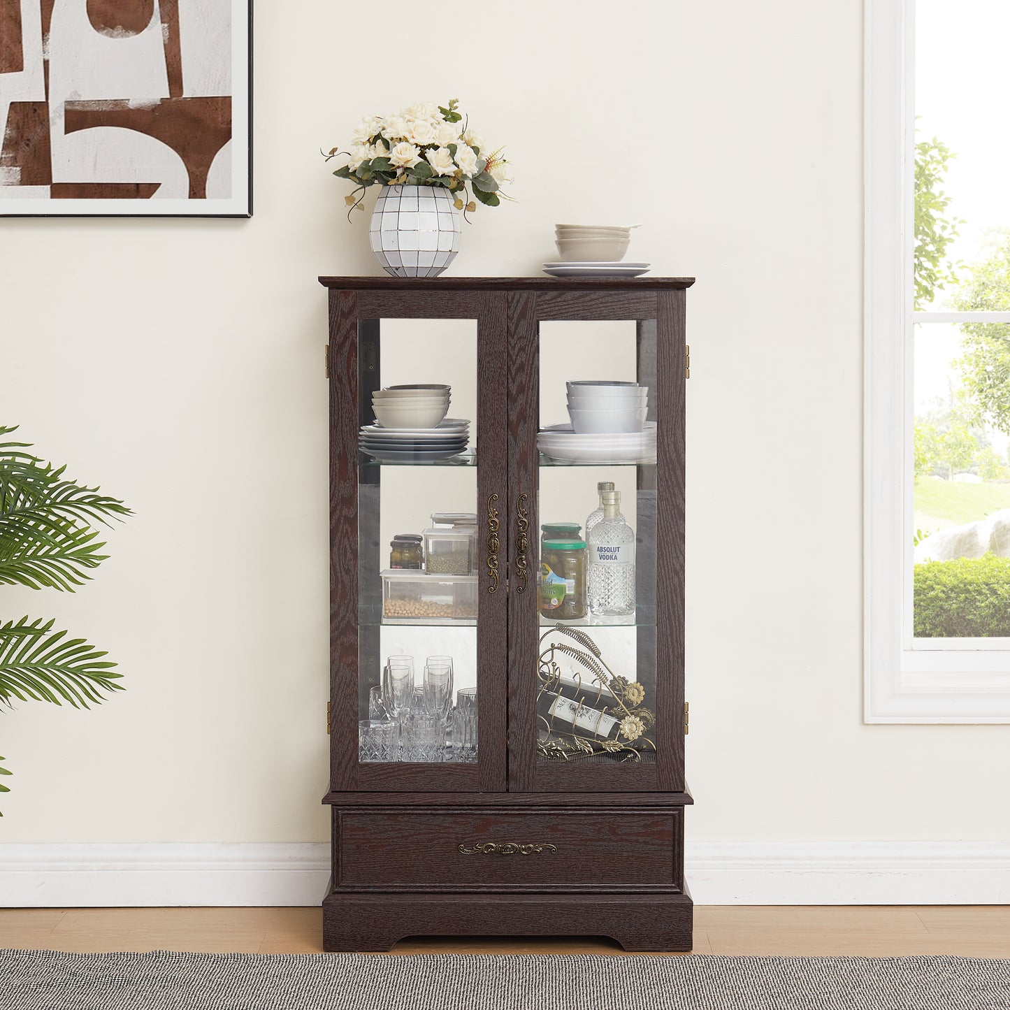 Lighted Glass Curio Cabinet with Adjustable Shelves & Drawer - Cherry