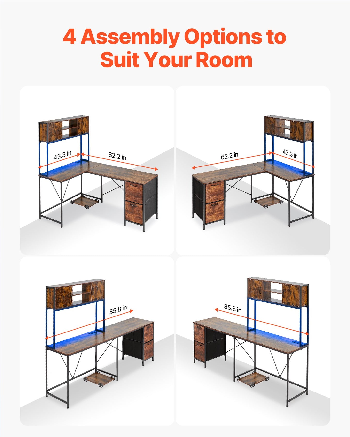 L-Shaped Gaming Desk with LED RGB Lights, Reversible Corner Computer Table, Power Outlets, Storage Drawers