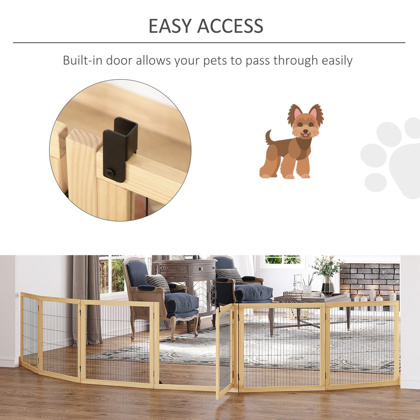 Wooden Pet Gate 6-Panel Folding Dog Safety Barrier for Small & Medium Dogs