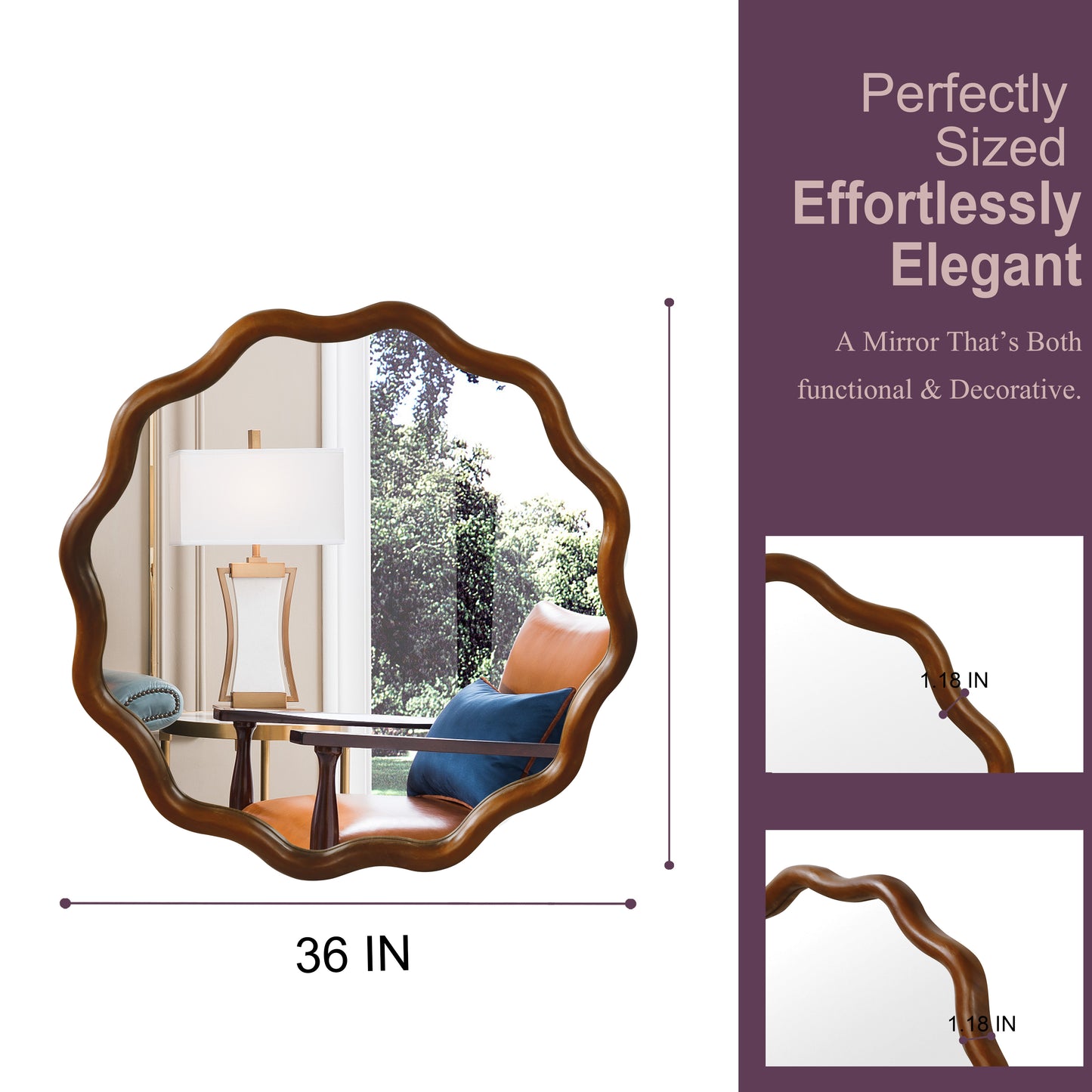 36-Inch Wavy Round Decorative Mirror - Black Walnut Frame